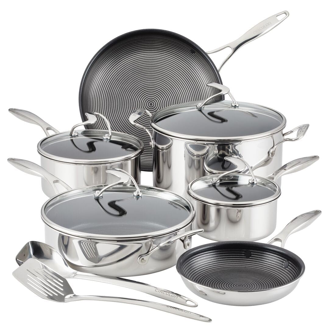 Circulon Clad Stainless Steel Cookware Pots and Pans and Utensil Set with Hybrid SteelShield and Nonstick Technology, 12 Piece -