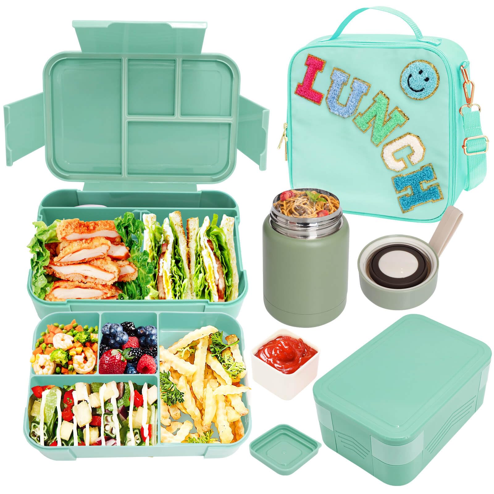 Girl Lunch Bag with 6 Compartment Bento Box with 10oz Thermo- Preppy Green Nylon Insulated Lunch Box Adjustable Strap, Birthday 
