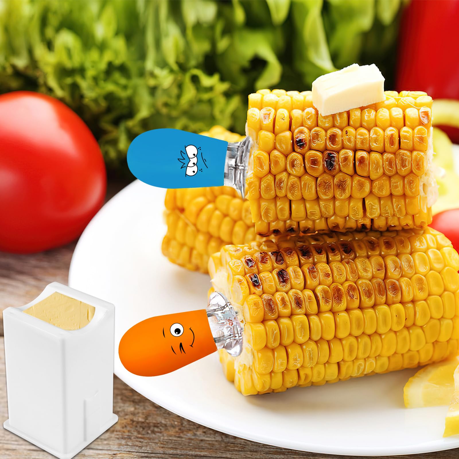 Augsun Corn On The Cob Holders Kit, Corn Dishes And Corn Holders Set, Includes 10 Fun Face Corn Holders 5 Corn Trays And Butter