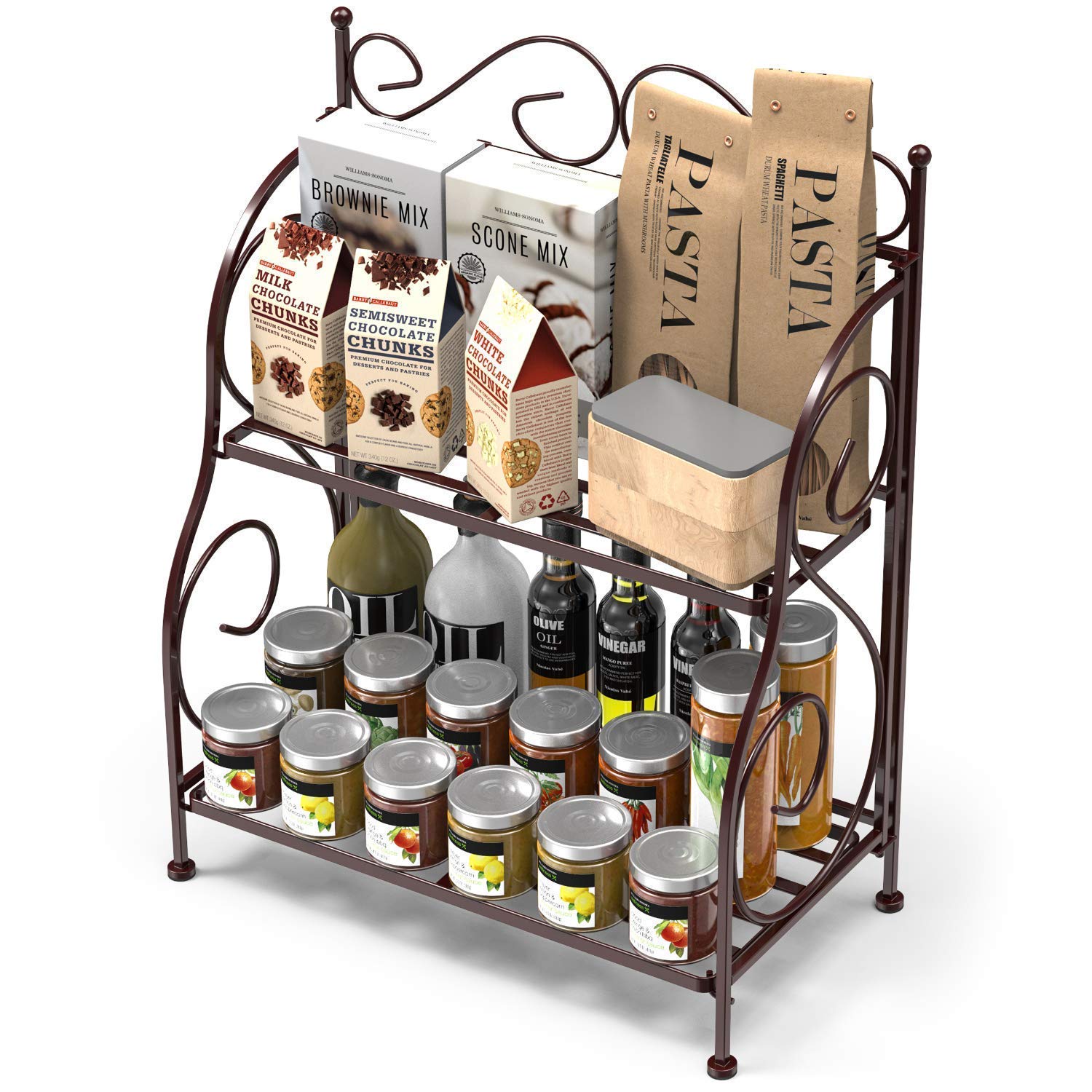 Wood Magic Art Wrought Iron Spice Rack With 2 Foldable Tiers ? SpaceSaving Kitchen Organizer For Spices And Condiments