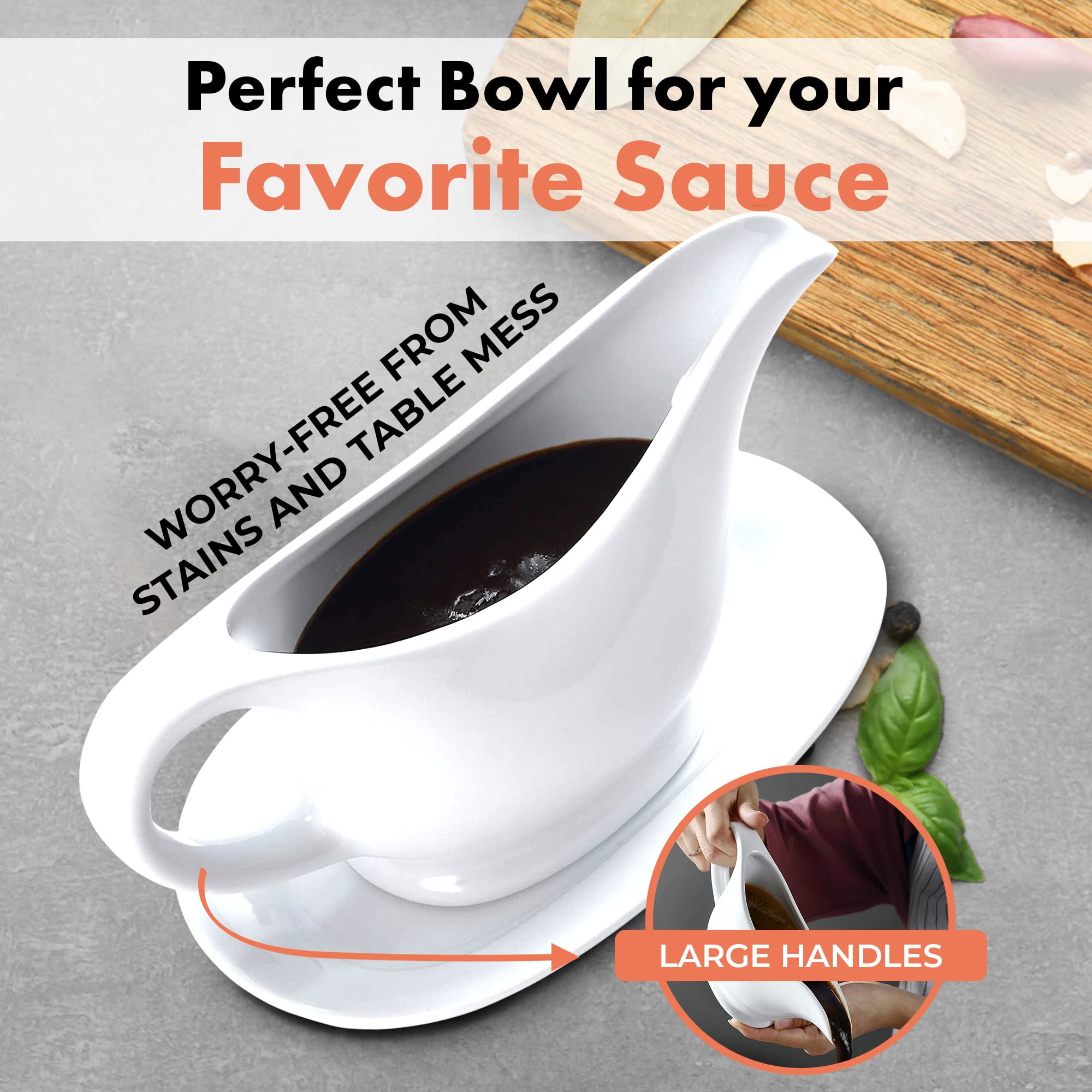 Bruntmor 11 Oz White Ceramic Gravy Boat With Tray, 11 Ounce Small Ceramic Serving Dish, Dispenser With Tray For Sauces, Gravy Bo