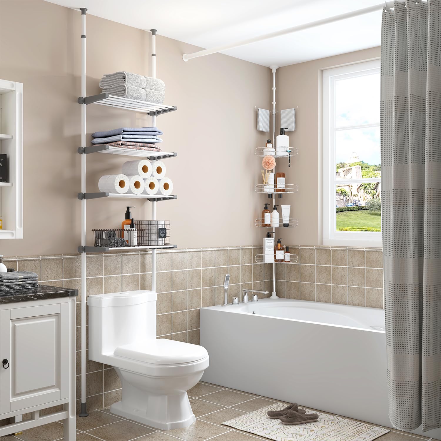 Allzone Corner Shower Caddy Tension Pole, 4-Tier Adjustable Shower Shelves, Rustproof Bathroom Shower Organizer Corner And Showe