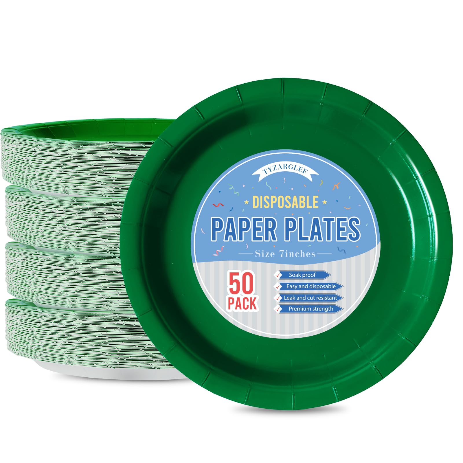 Tyzarglef Disposable Paper Plates Festive Green, 50 Count 7    Dessert Cake Plates Bulk For Party Supplies, Colored And Sturdy P