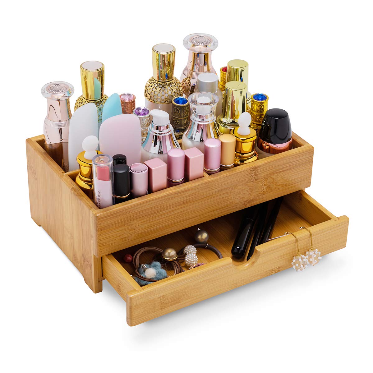 GOBAM Makeup Storage Drawer Organizer Bamboo Wood Cosmetic Display Box, Large Capacity Bathroom Beauty Countertop Organizer, Gre