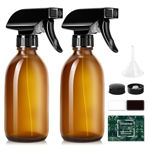 Tecohouse Glass Spray Bottles 8oz  Amber Hair Spray Bottles  2 Pack Empty Refillable Sprayer Container with Labels  Funnel  Lids  Graduated Pipettes - Handheld Size
