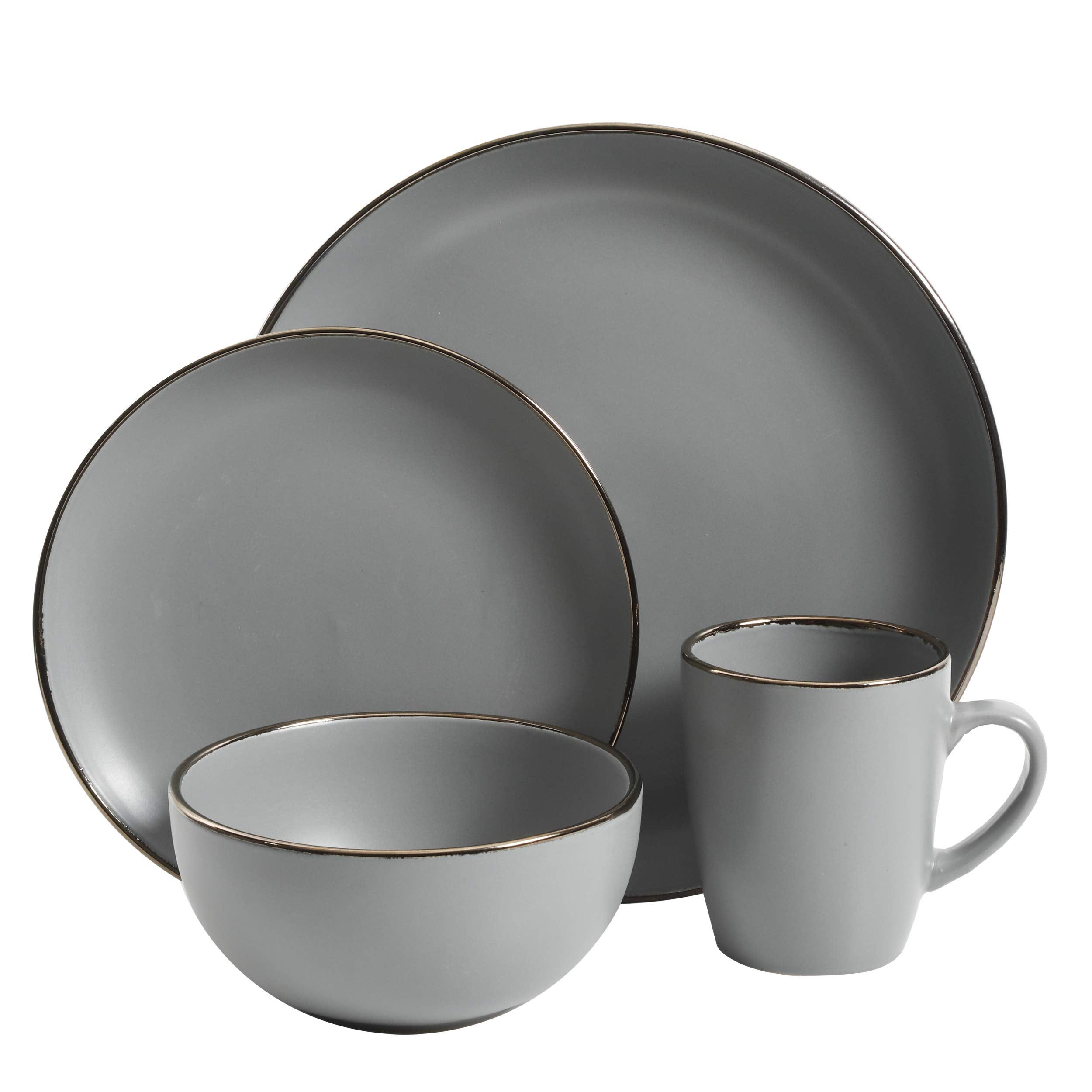Gibson Home Rockaway Round Dinnerware Set for 4 (16pcs), Grey/Gold Rim, Stylish and Durable Dining Essential
