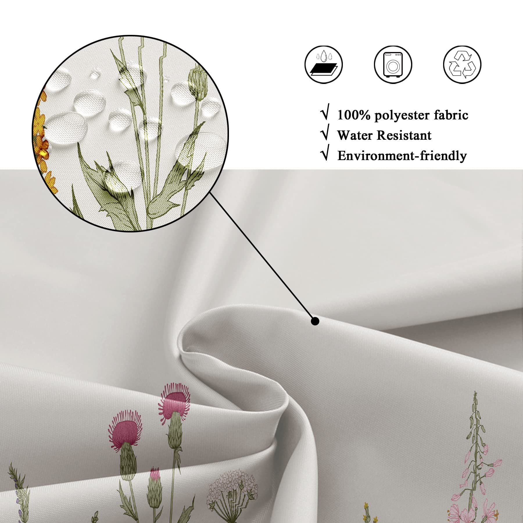 Riyidecor Fabric Green Leaves Shower Curtain for Bathroom Decor 60Wx72H Inch Floral Flower Botanical Wildflower Decorative Bath Set Plant Herbs Bathroom Accessories Polyester Waterproof 12 Pack Hooks