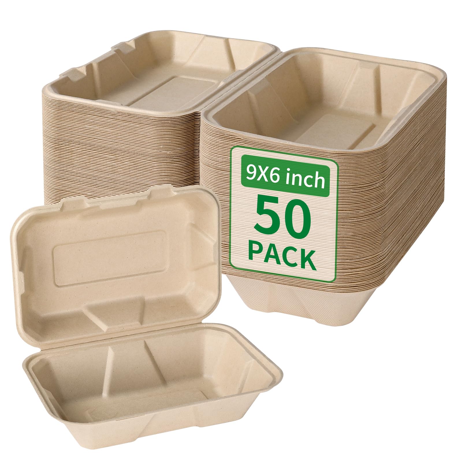Aricsen Compostable 50 Pack 9x6 Inch Takeout Lunch Box Containers with Lid To Go Take Out Clamshell for Food, Disposable Eco-Fri