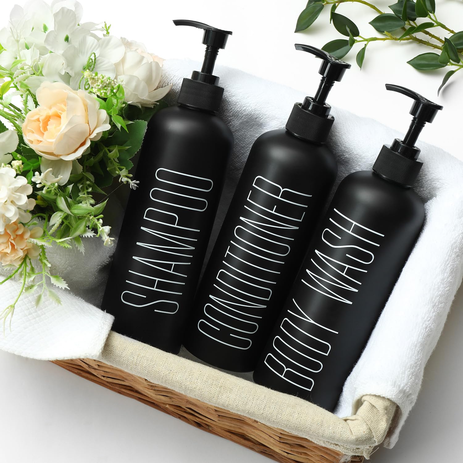 HOMCDALY Black Shampoo and Conditioner Dispenser, 16oz 3-Pack, Refillable Plastic Pump Bottles for Bathroom Shower