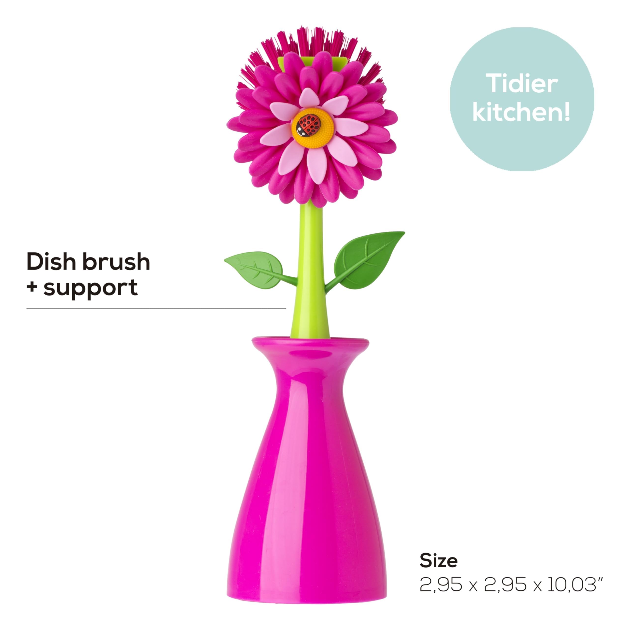 Vigar Flower Power Pink Dish Brush With Vase, 10-Inches, Pink, Green