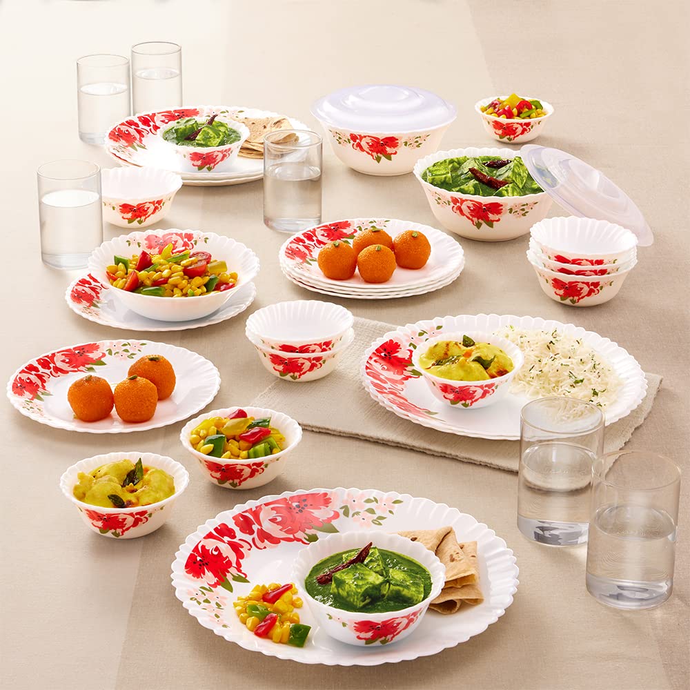 Larah By Borosil Rose Red Silk Series Opalware Dinner Set With Glasses, 35 Pieces For Family Of 6, Microwave & Dishwasher Safe, 