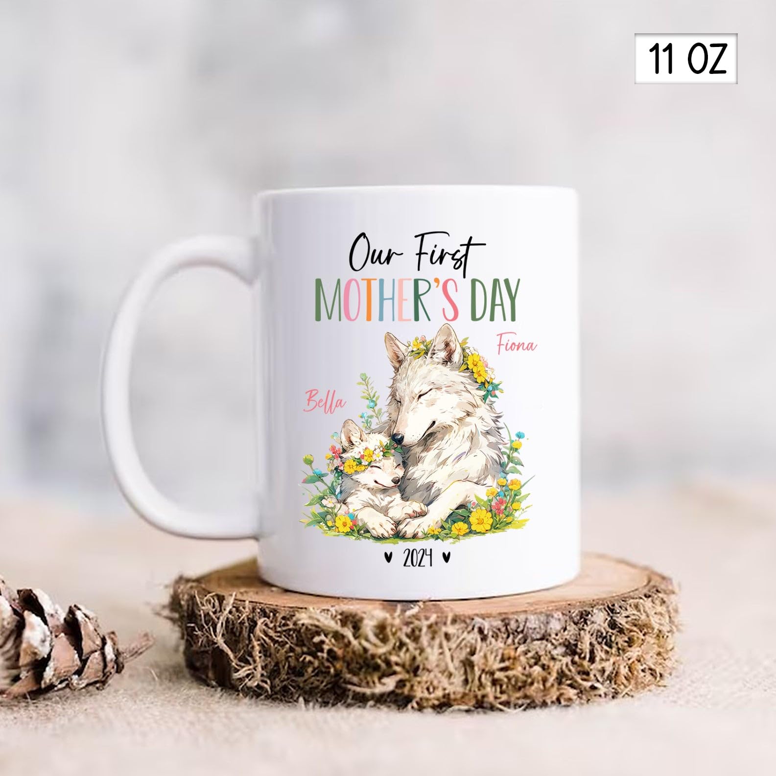 Mother Wolf And Baby Ceramic Cup, Personalized Mom & Baby Wolf Coffee Mug, Wolf Cups For Wildlife Lover, Our First Mothers Day M