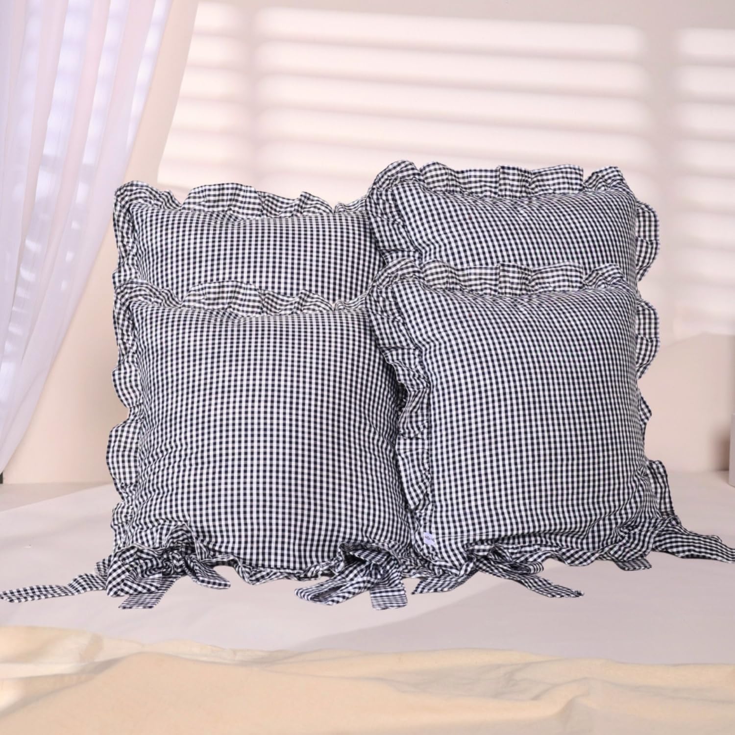 Sleepy Threads Cotton Cushion Covers Set Of 4 - 16X16 Inch| Grey & White Checkered Pattern With Frill Border | Soft Decorative P