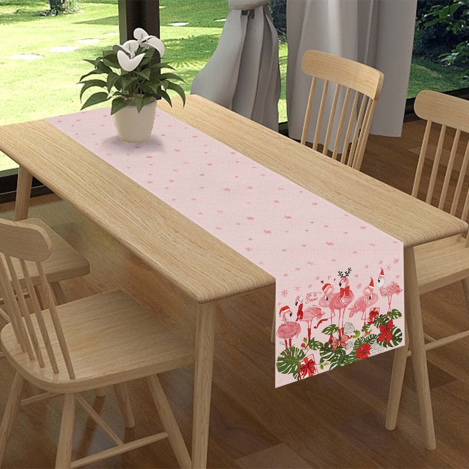 Linen Pink Hawaiian Tropical Flamingo Christmas Table Runner 90 Inches Long Hawaii Beach Christmas Xmas Winter Holiday Home Kitc