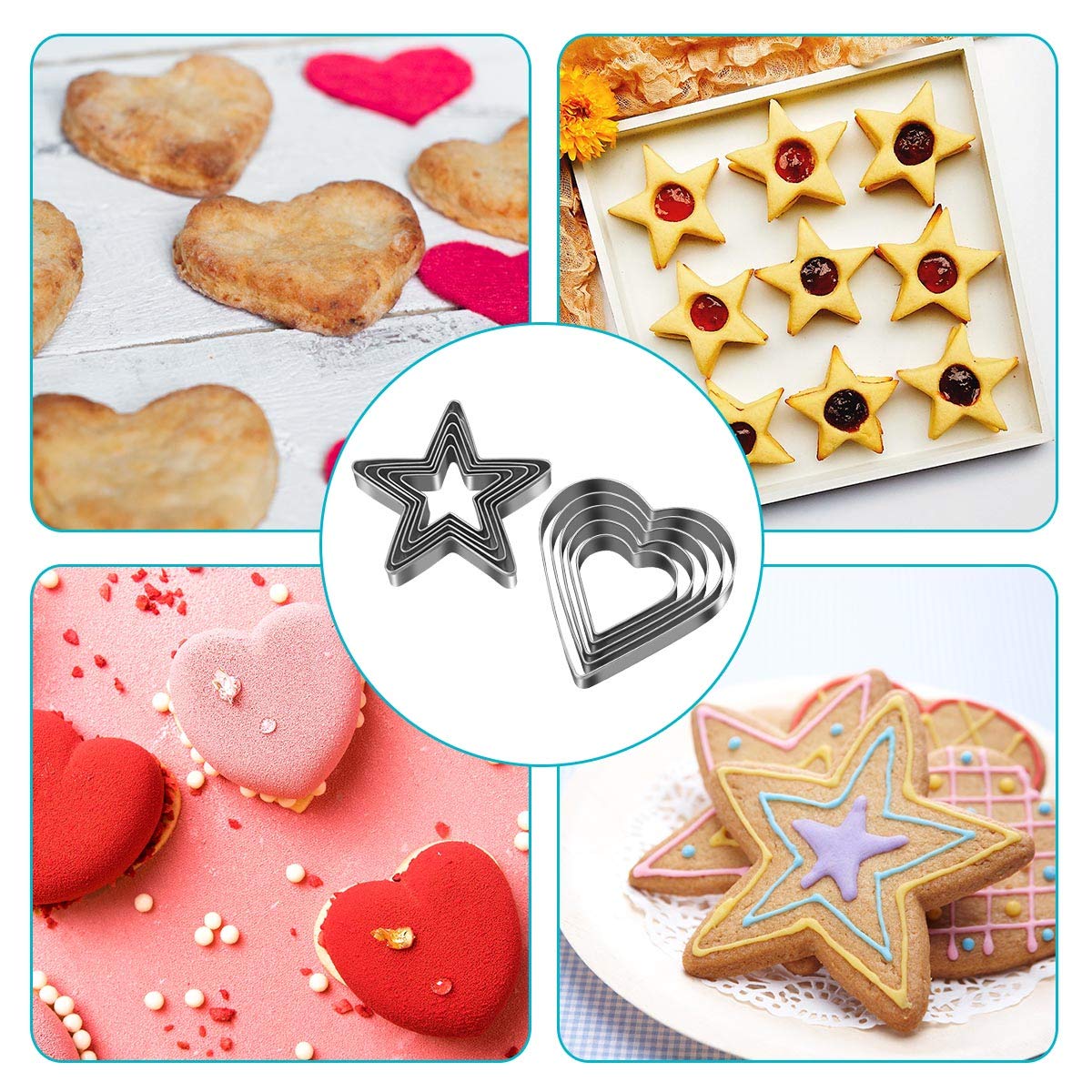 Xueerde 10Pcs Cookie Cutters Set Stainless Steel Biscuit Cutter Love Heart Shape And Star Shape Baking Vegetable Donuts Shape Cu