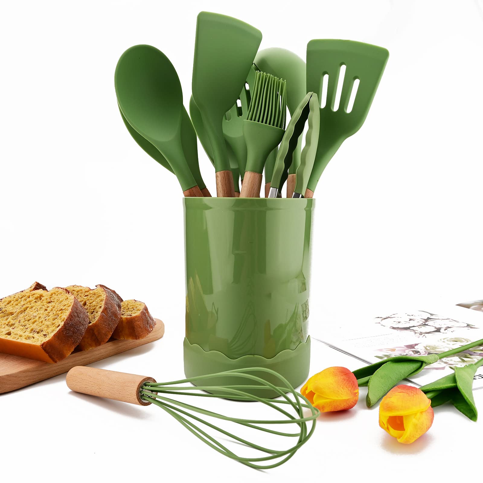 Briiec Avocado Green Silicone Cooking Utensil Set, 12Pcs Kitchen Utensils Heat Resistant Cooking Tools With Wooden Handle, Kitch