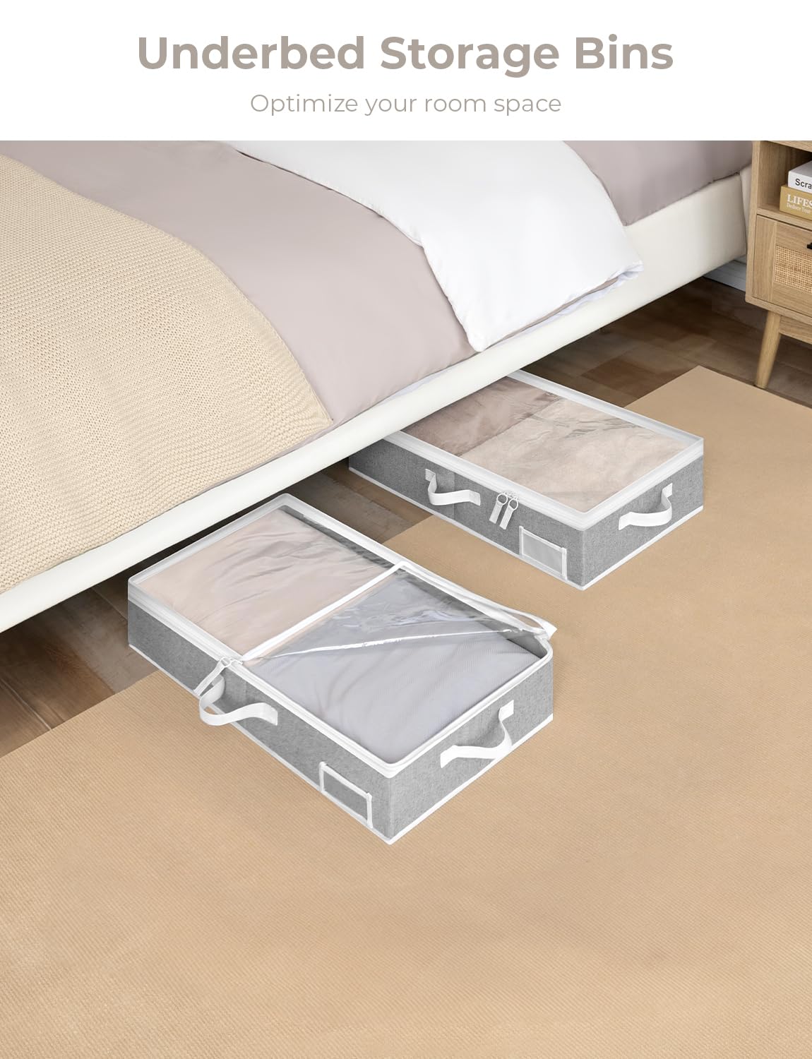 StorageWorks Underbed Storage Box With Zippers, Underbed Storage Clothes Organizer With Sturdy Structure, Gray, Medium, 2 pack