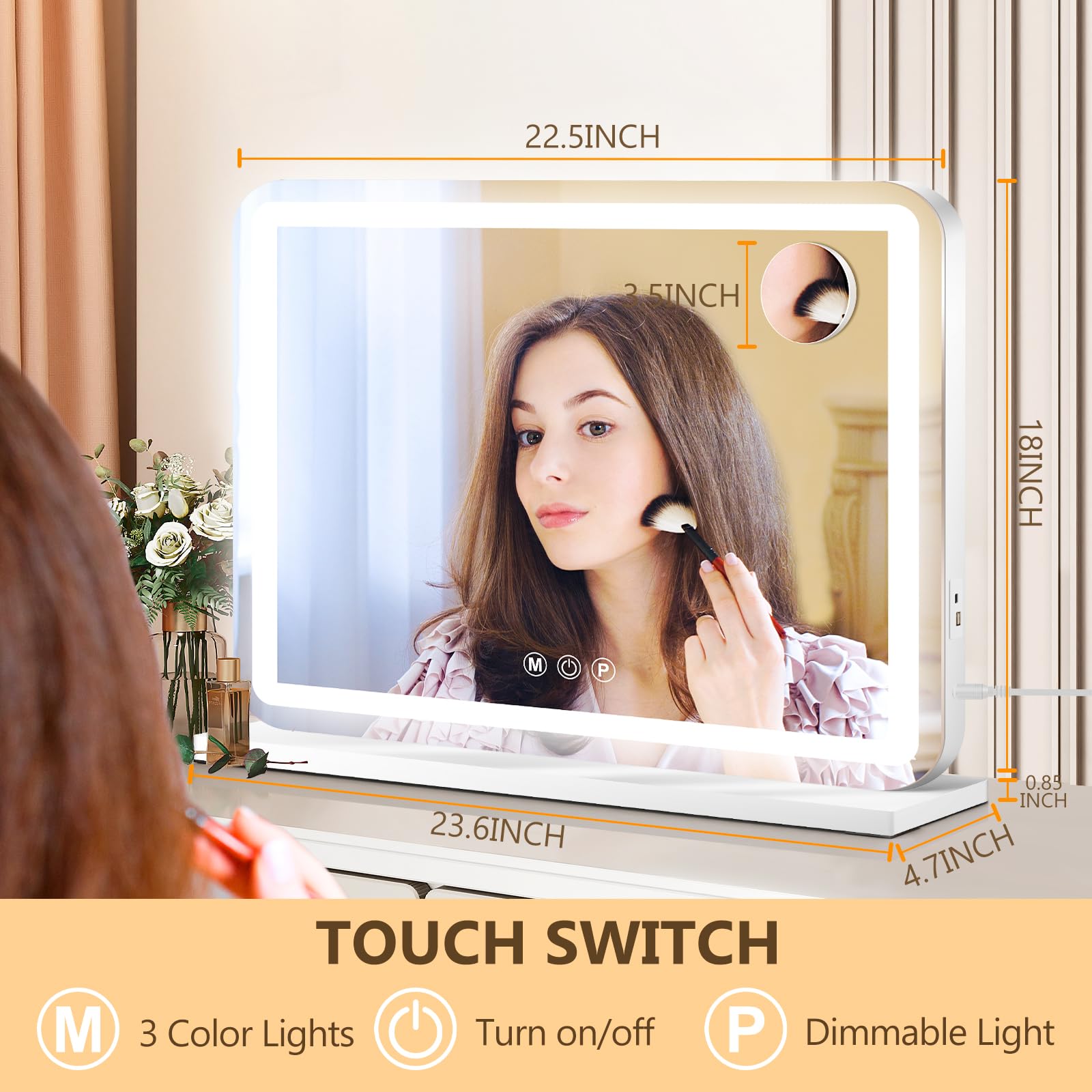 Ratsamee Vanity Mirror With Lights, Led Makeup Mirror,Smart Touch 3 Color Lights, Aluminum Metal Frame,Usb Charging Port(23'' X