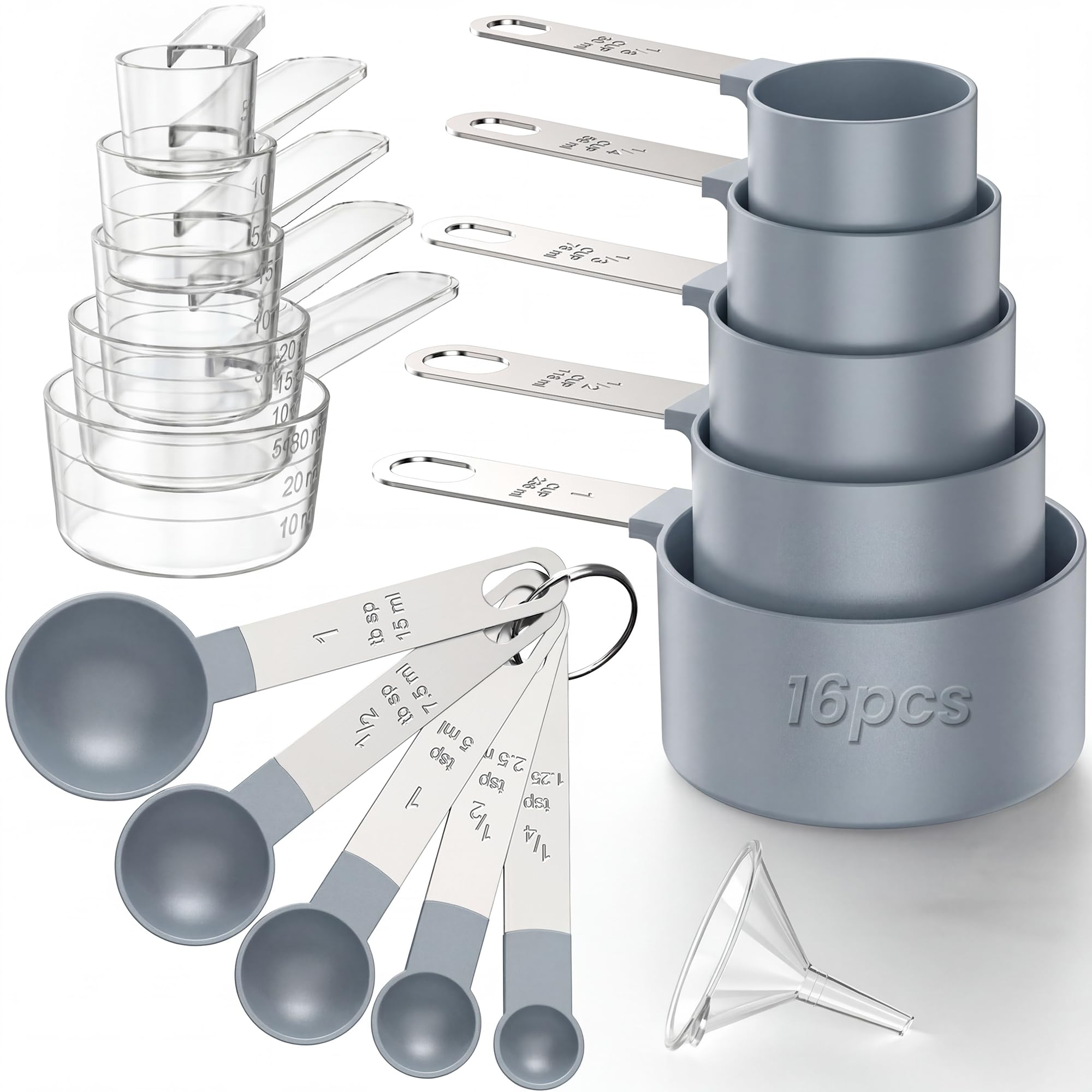 16PCS Measuring Cups and Spoons Set, Measuring Spoon Set with Metric and US Measurements, Fits for Measuring Dry and Liquid (Gre