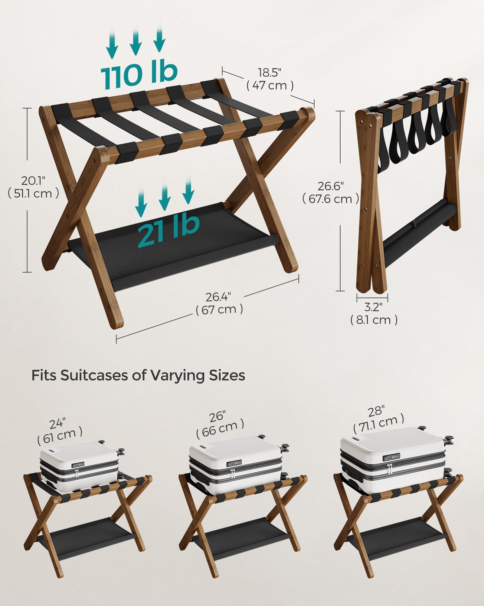 Songmics Luggage Rack, Set Of 2, Folding Suitcase Stand With Storage Shelf, For Guest Room, Hotel, Bedroom, Heavy-Duty, Holds Up
