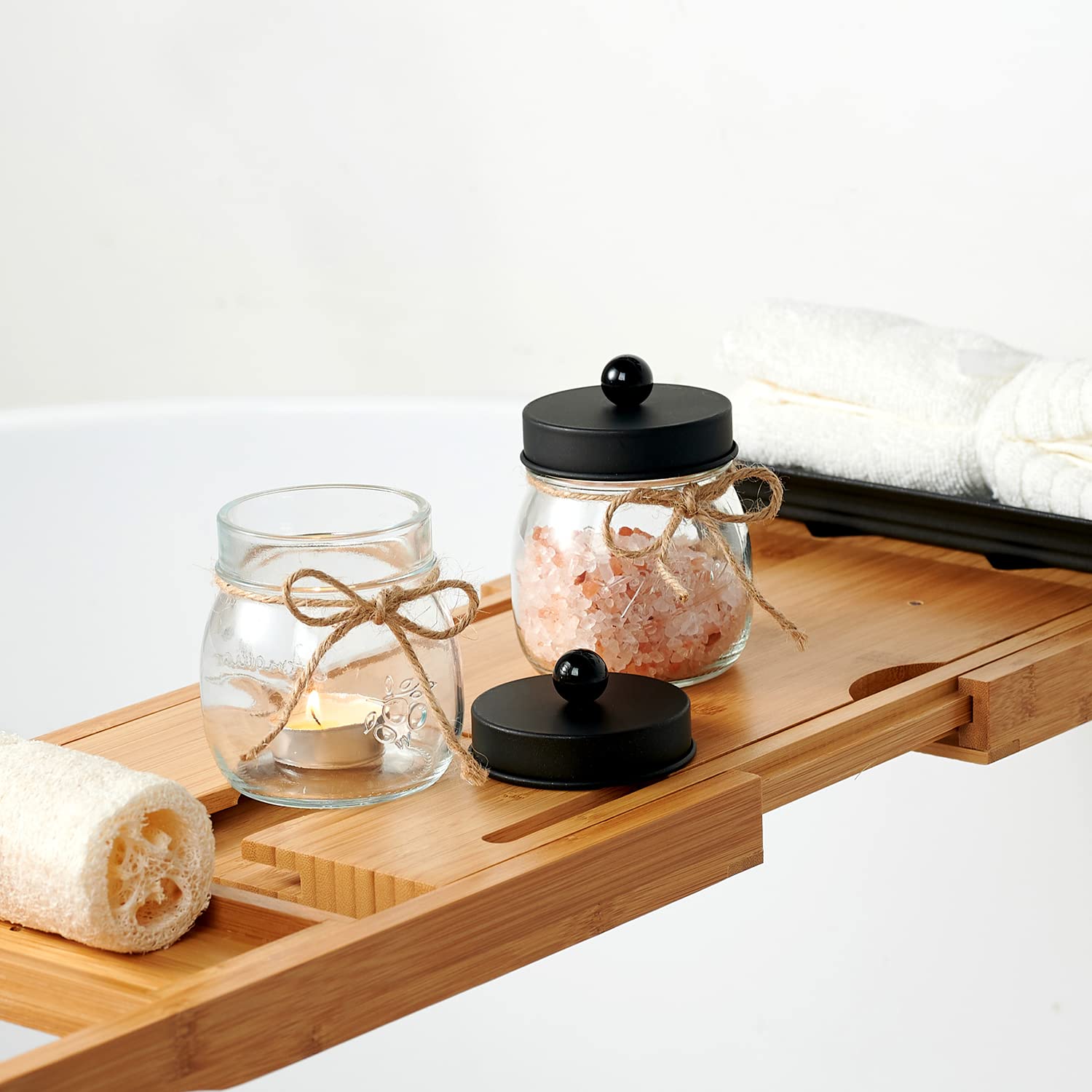 SheeChung Apothecary Jars Set Mason Jar Decor Bathroom Vanity Storage Organizer Canister Premium Glass Qtip Holder Dispenser for Cotton Swabs Ball-Stainless Steel Lid (Black  2-Pack)