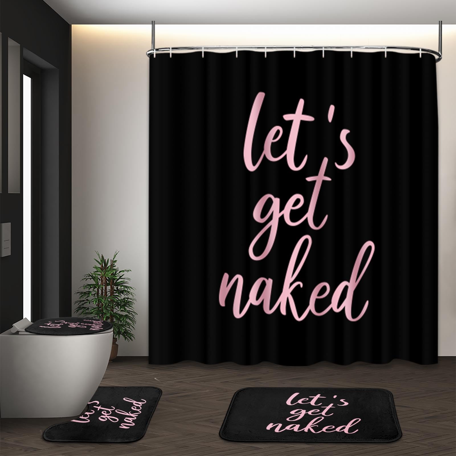 Artsocket 4Pc Pink Let'S Get Naked Shower Curtain Sets Black Bathroom Decor With Rugs, Non-Slip Rug,Toilet Lid Cover, Bath Mat A
