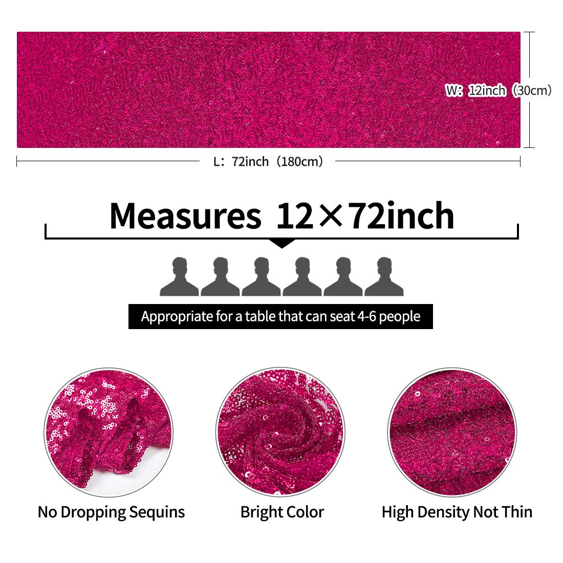 6 Packs 12 X 72 Inches Hot Pink Sequin Table Runner, Glitter Fuchsia Runner For Birthday Party Supplies Decorations Wedding Bach