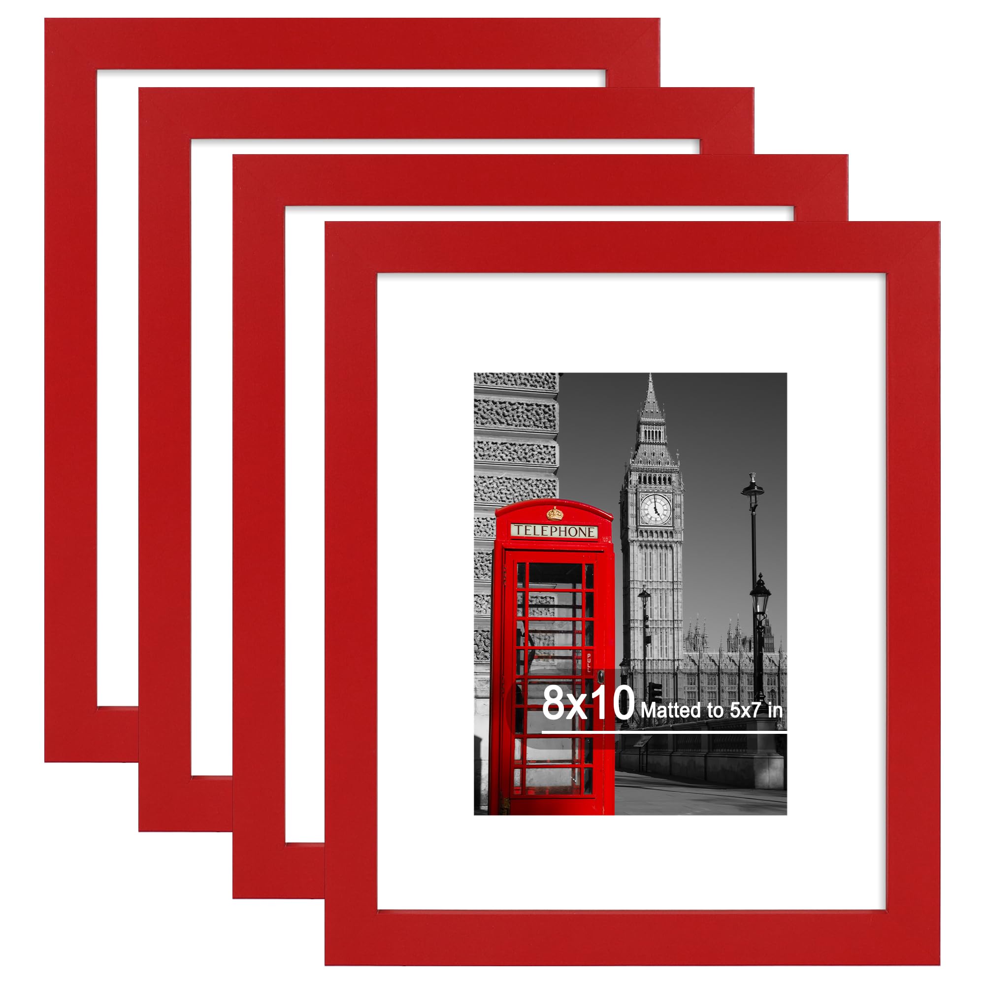 Hongkee 8x10 Picture Frame (4 Pack, Red) Made of Real Glass and Wooden Frame - Display Pictures 5x7 with Mat or 8x10 Without Mat