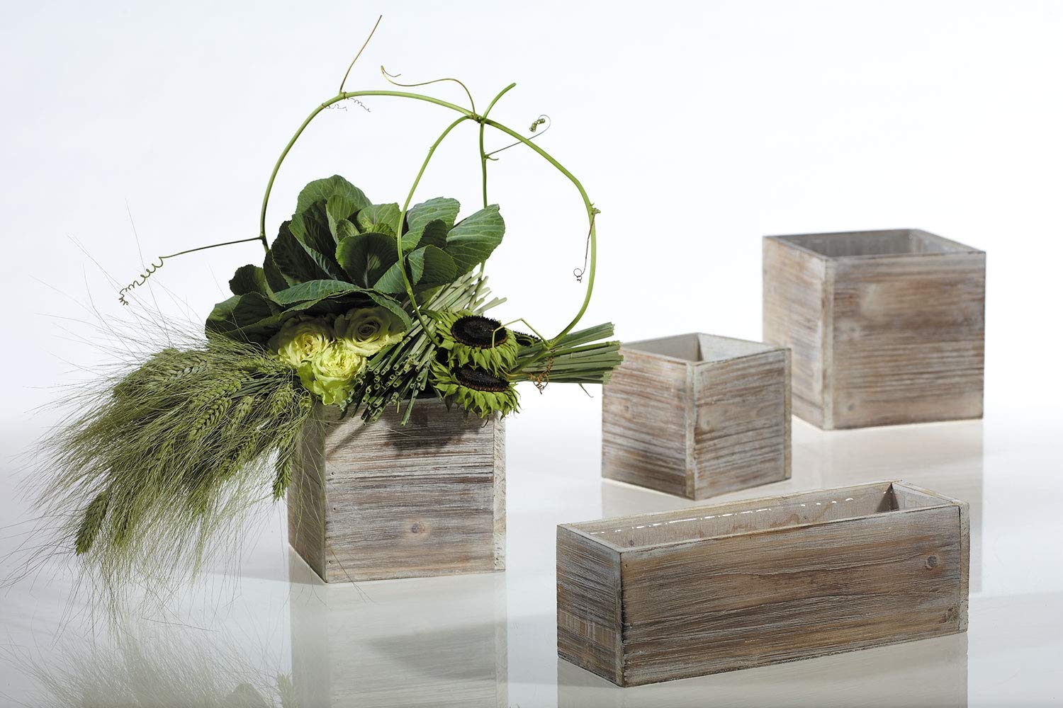 Wood Planter Box Set, Rustic Whitewash, Plastic Liners, 5 Inch Square Flower Holder, Natural Barn Wood Decor, Country Style, Hom