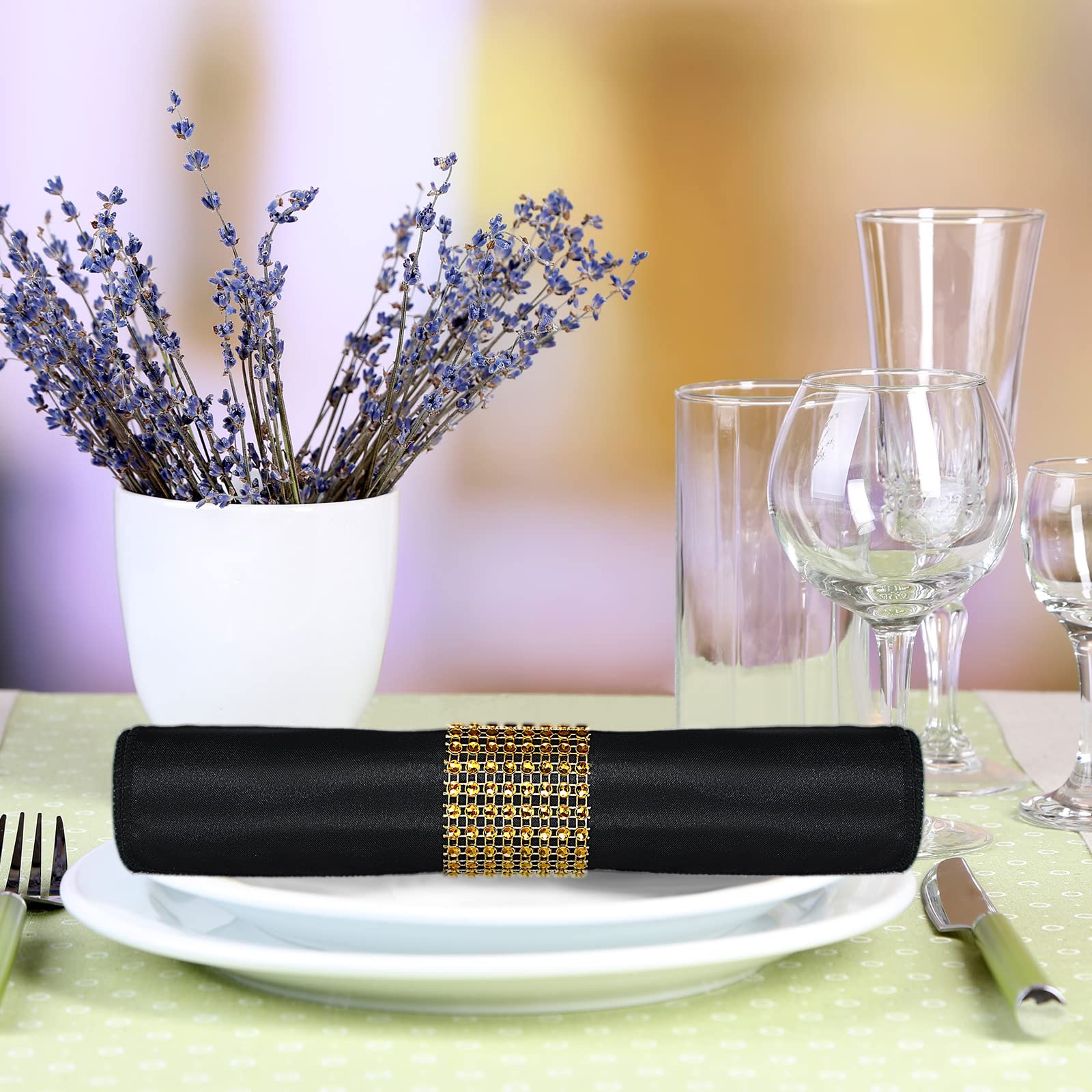 100 Pack Satin Black Napkins With Gold Rings 17 X 17 Inch Black Cloth Napkins Bulk Washable Soft Reusable Dinner Supplies For Va