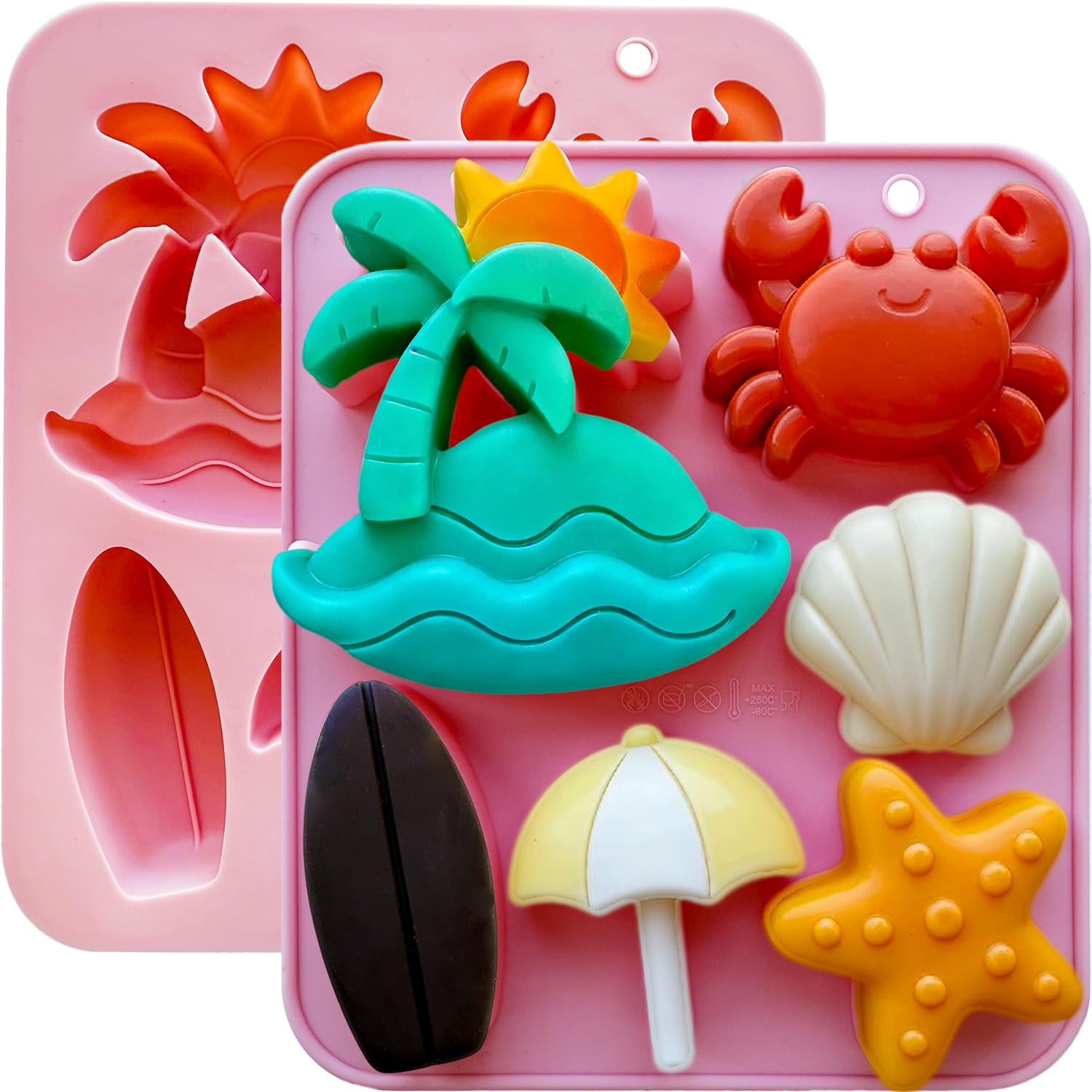 2Pcs Tropical Beach Theme Silicone Molds, 6Cavity Summer Ocean Silicone Chocolate Molds with Palm Tree Crab Seashell Starfish S