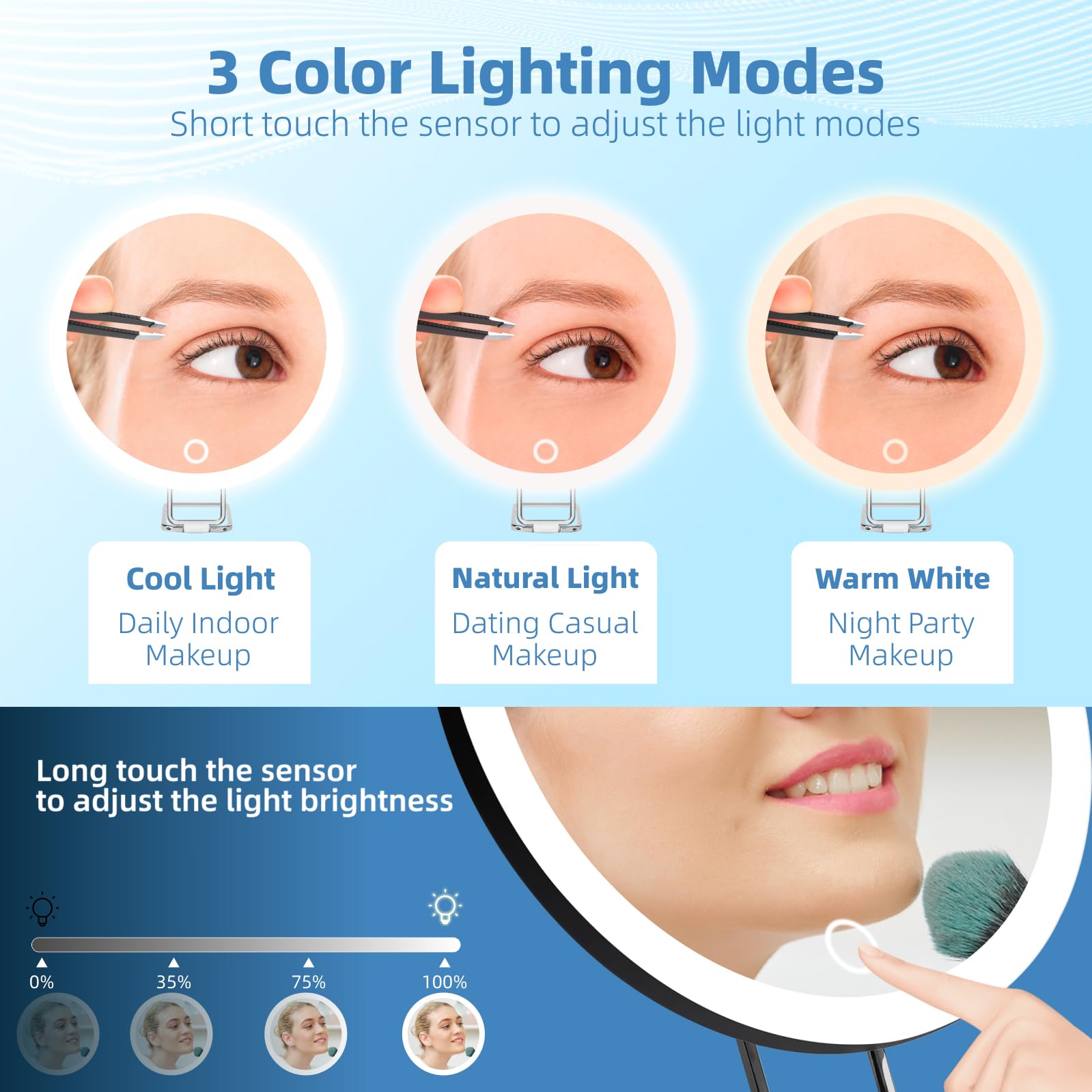 Suupvaor 20X Magnifying Mirror With Light, Large 6 ' ' Rechargeable 3 Colors Dimming Lighted Magnified Mirror With 3 Suction Cup