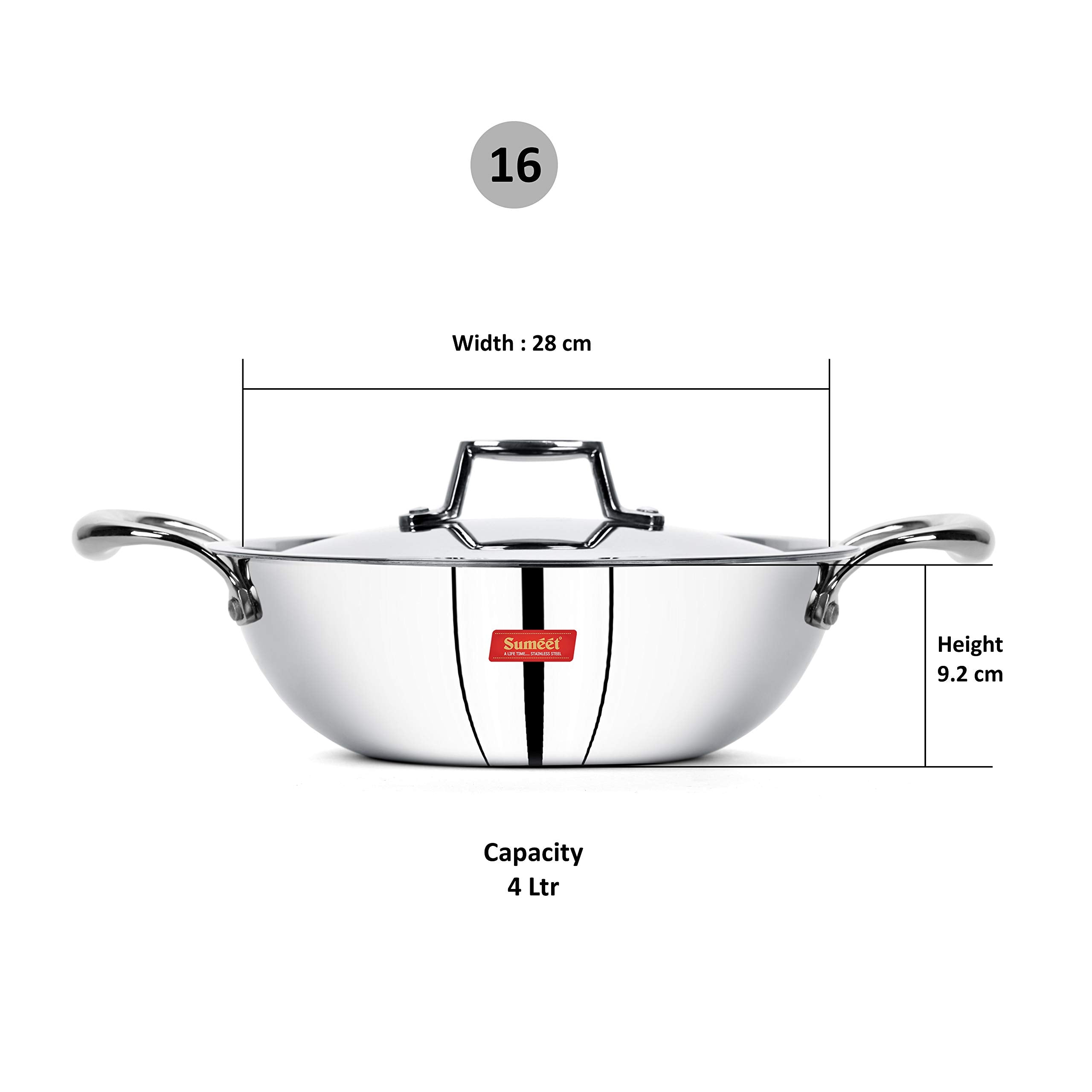 Sumeet Cook Smart Triply Sas (Steel-Aluminium-Steel - 3 Layers) Kadhai With Lid - 4 Ltr - 28Cm