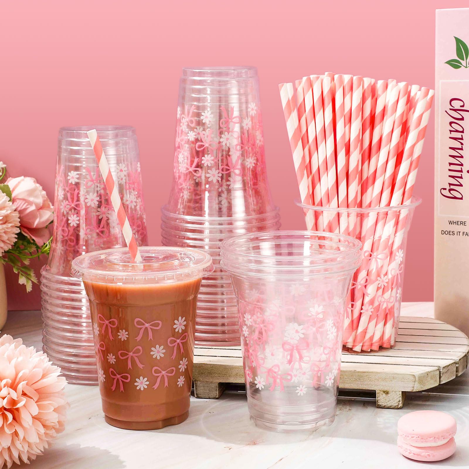 Jarthenaamcs 50 Pcs Pink Bow Plastic Cups With Lids And Straws Pink Bow Daisy Clear Plastic Cups 12 Oz Disposable Cups For Valen