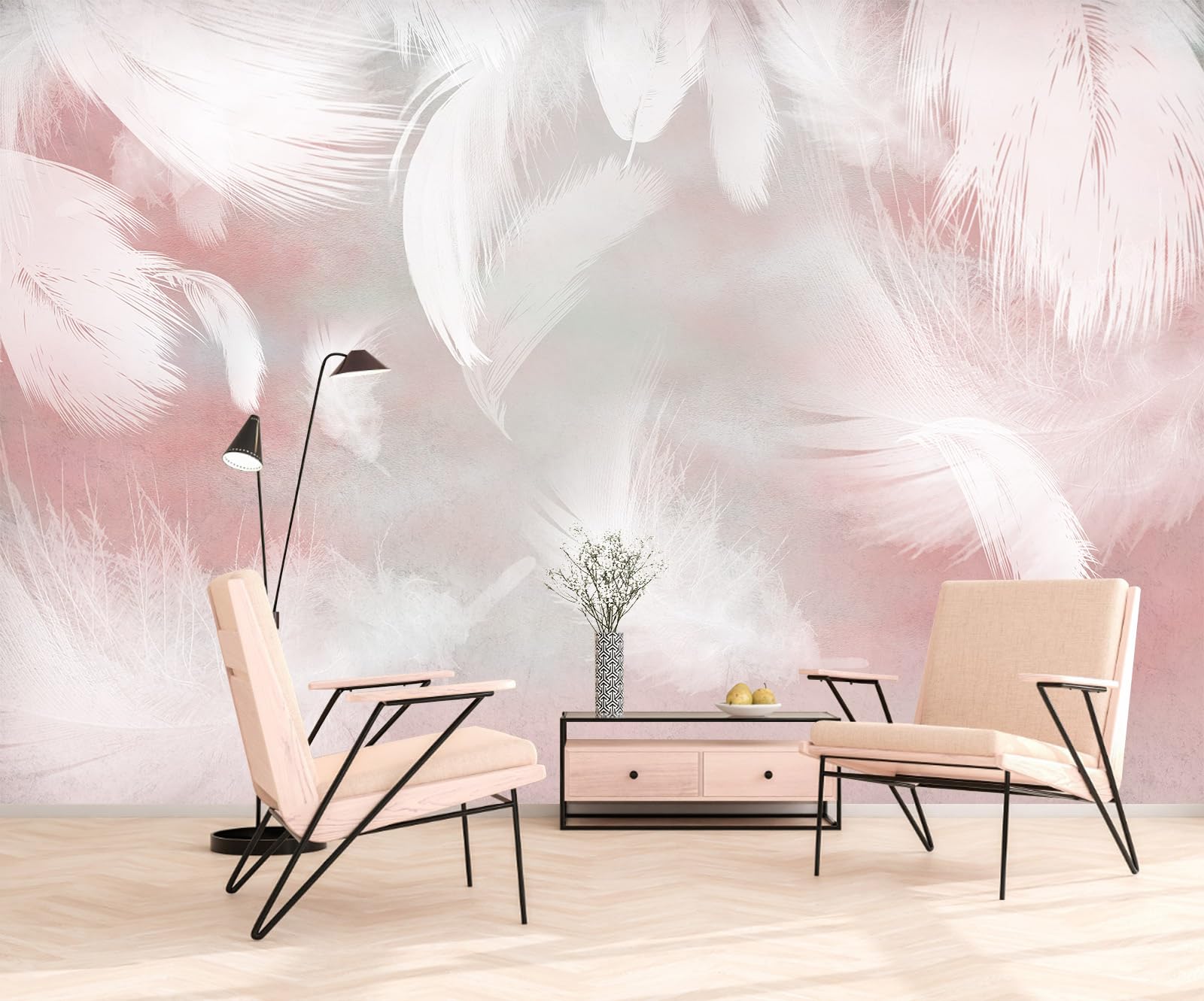 TUNDJ - White Feather Pink Background Wallpaper Mural Peel and Stick for Living Room Bedroom and Girls Room 82x57