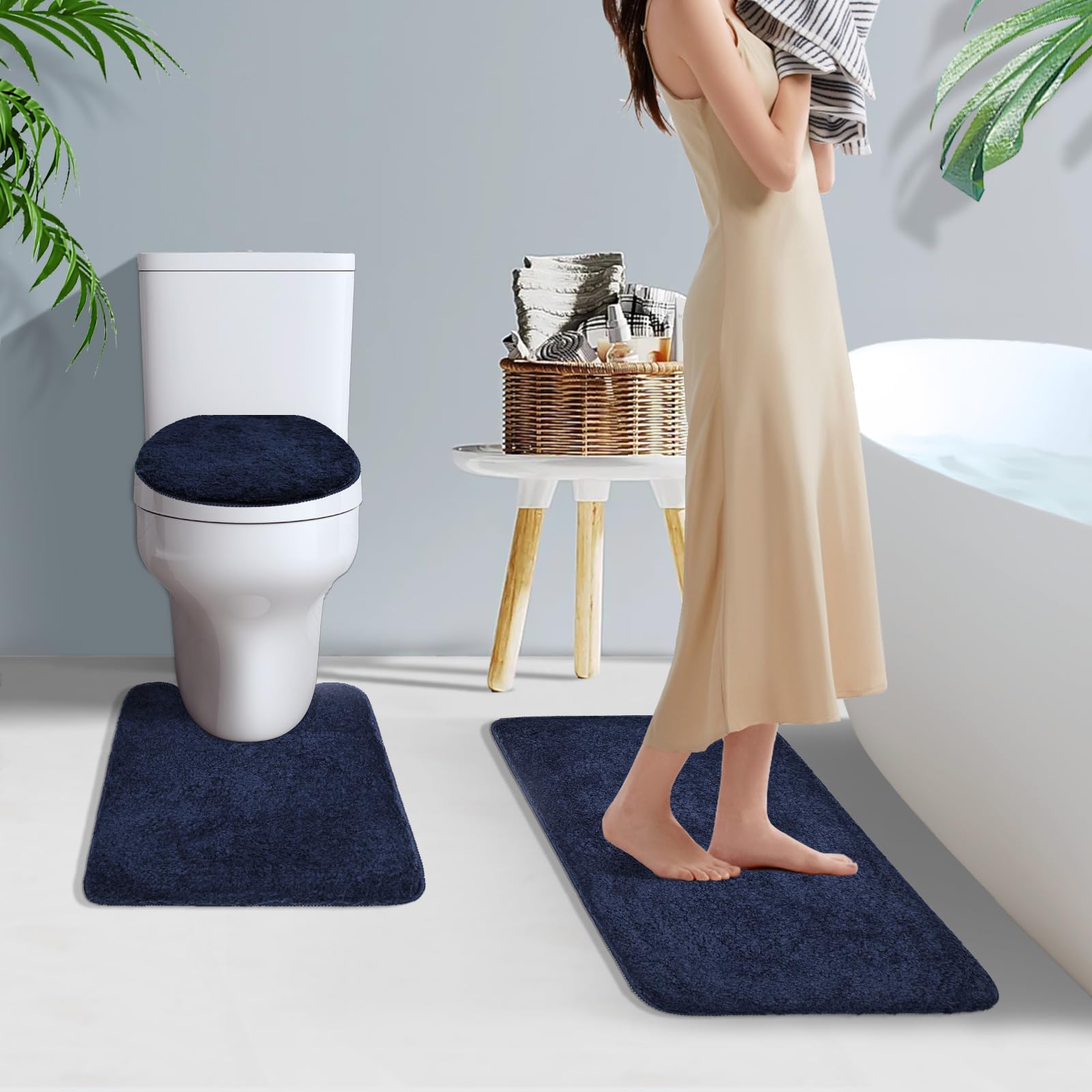 Baahrnom Bathroom Rugs Sets 3 Piece With Toilet Cover Adjustable Bath Rug Set With Tpr Non Slip Rubber Backing Solid Tufted Bath