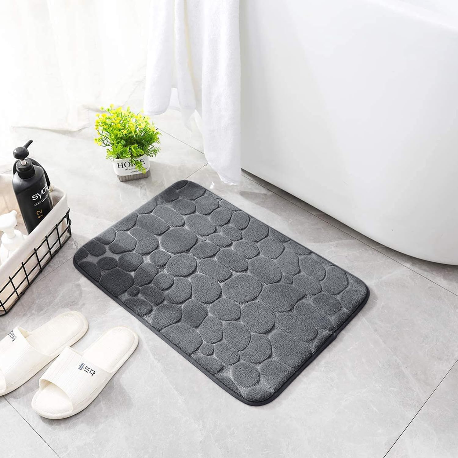 Yihouse Memory Foam Bath Mat Cobblestone Bathroom Rugs Super Water Absorbent Machine Washable Bath Rugs(17X24,Dark Gray)