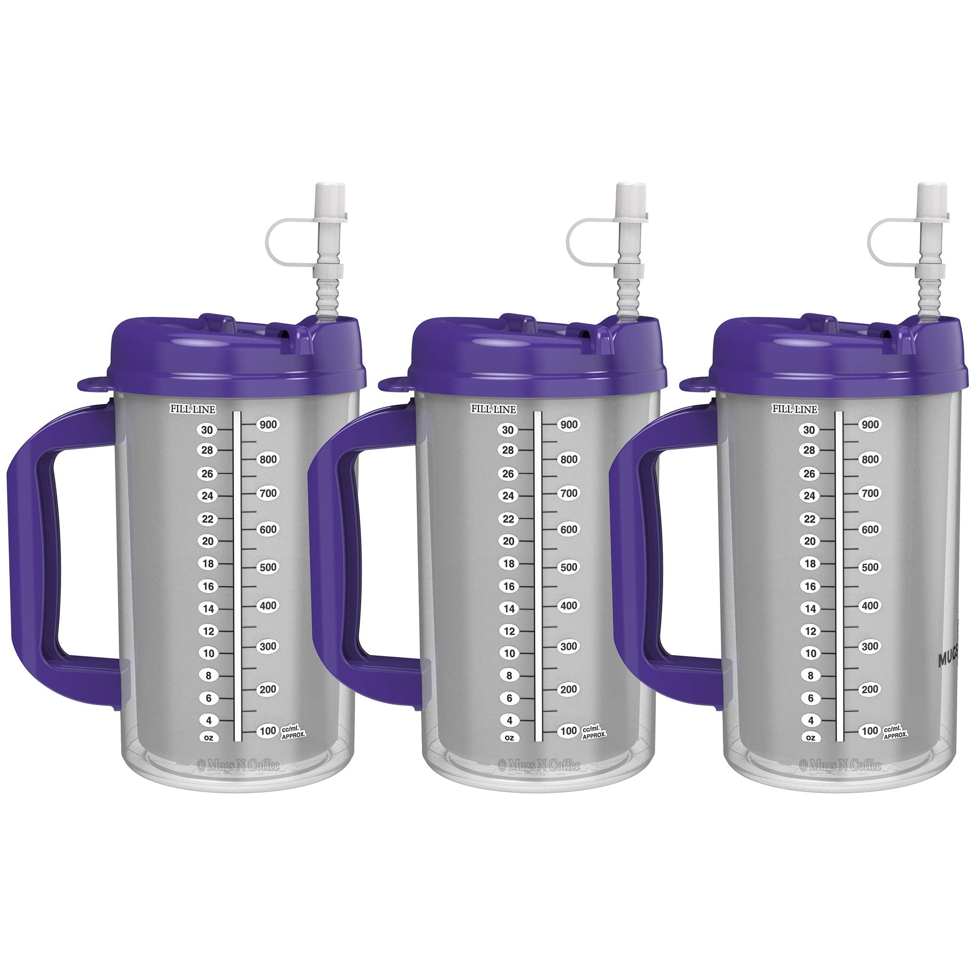 32 Oz Double Wall Insulated Hospital Mug - Cold Drink Mug - Large Carry Handle - Includes Straw (3, Purple)