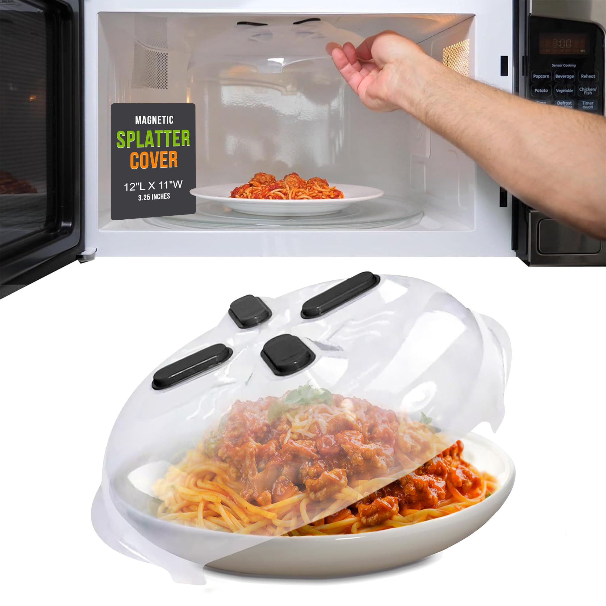 HOVER COVER Magnetic Splatter Cover, 12-Inch Clear BPA-Free Food Lid, Vented Plate Guard with Steam Vents, Anti-Splash Microwave