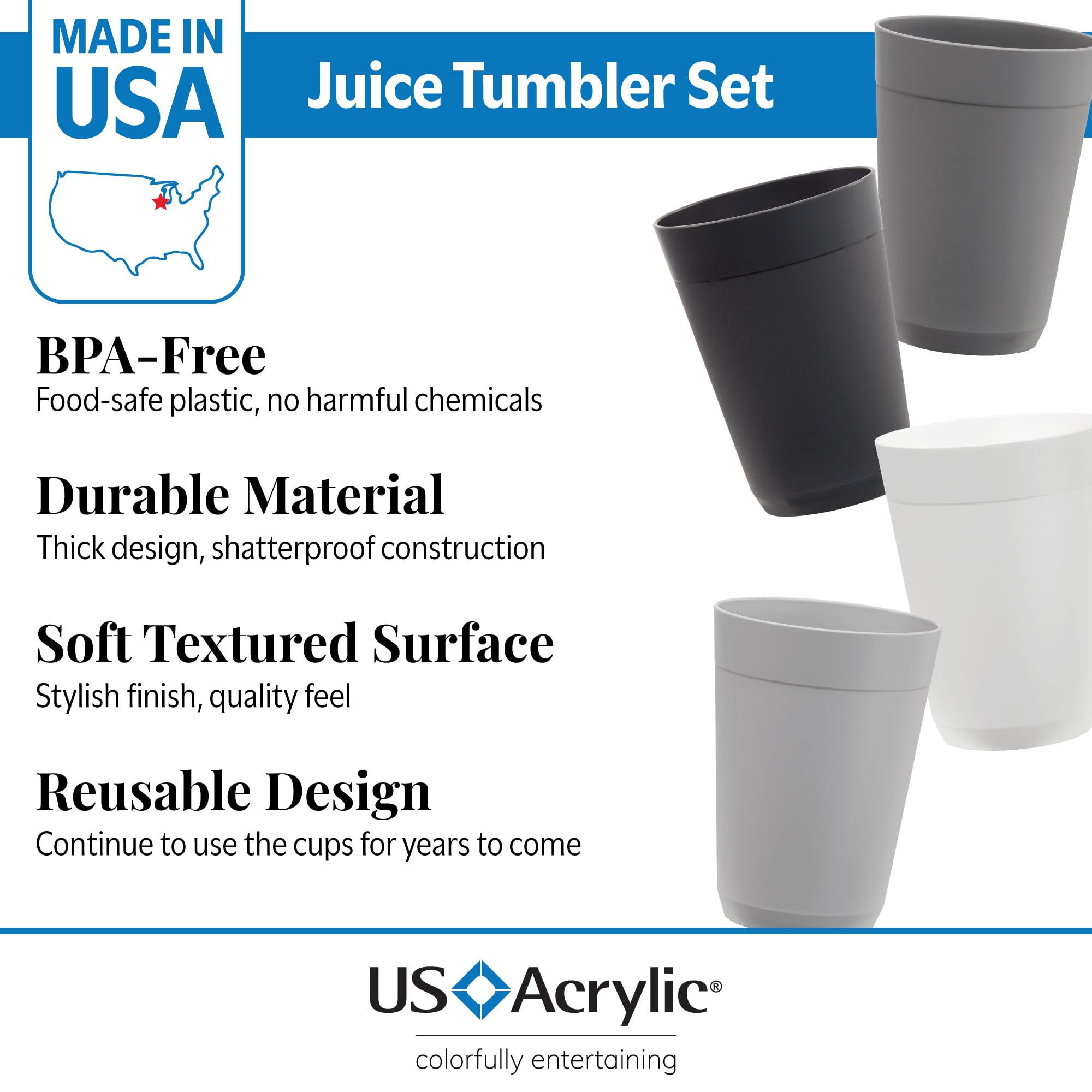 Us Acrylic Newport 10 Ounce Unbreakable Plastic Stackable Juice Tumblers In Grey Stone | Set Of 12 Drinking Cups | Reusable, Bpa