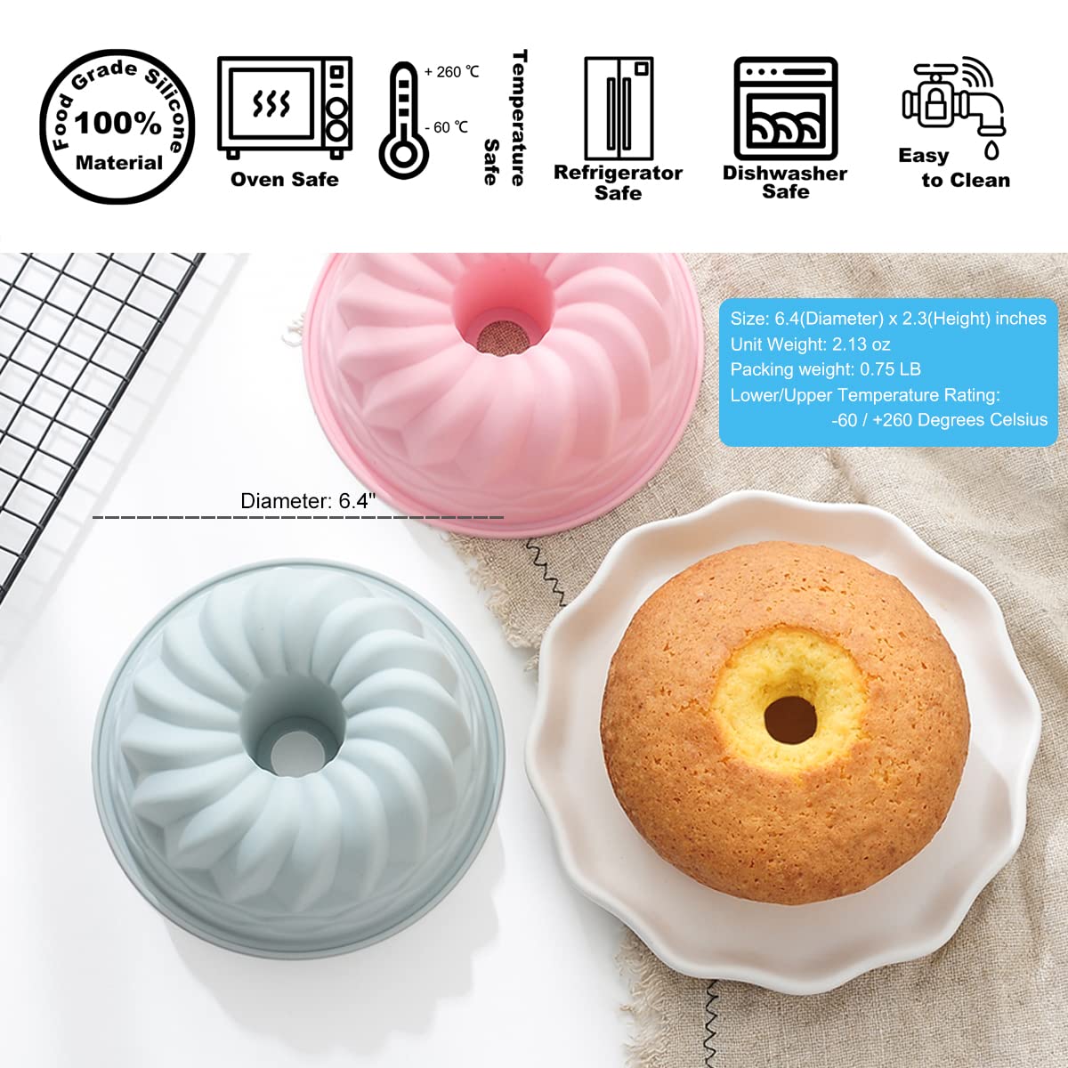 Rekidool 6.4 Inches Novelty Round Baking Cake Pans, Non-Stick Silicone Fluted Tube Pans Set, Bakeware Cake Molds For Small Birth