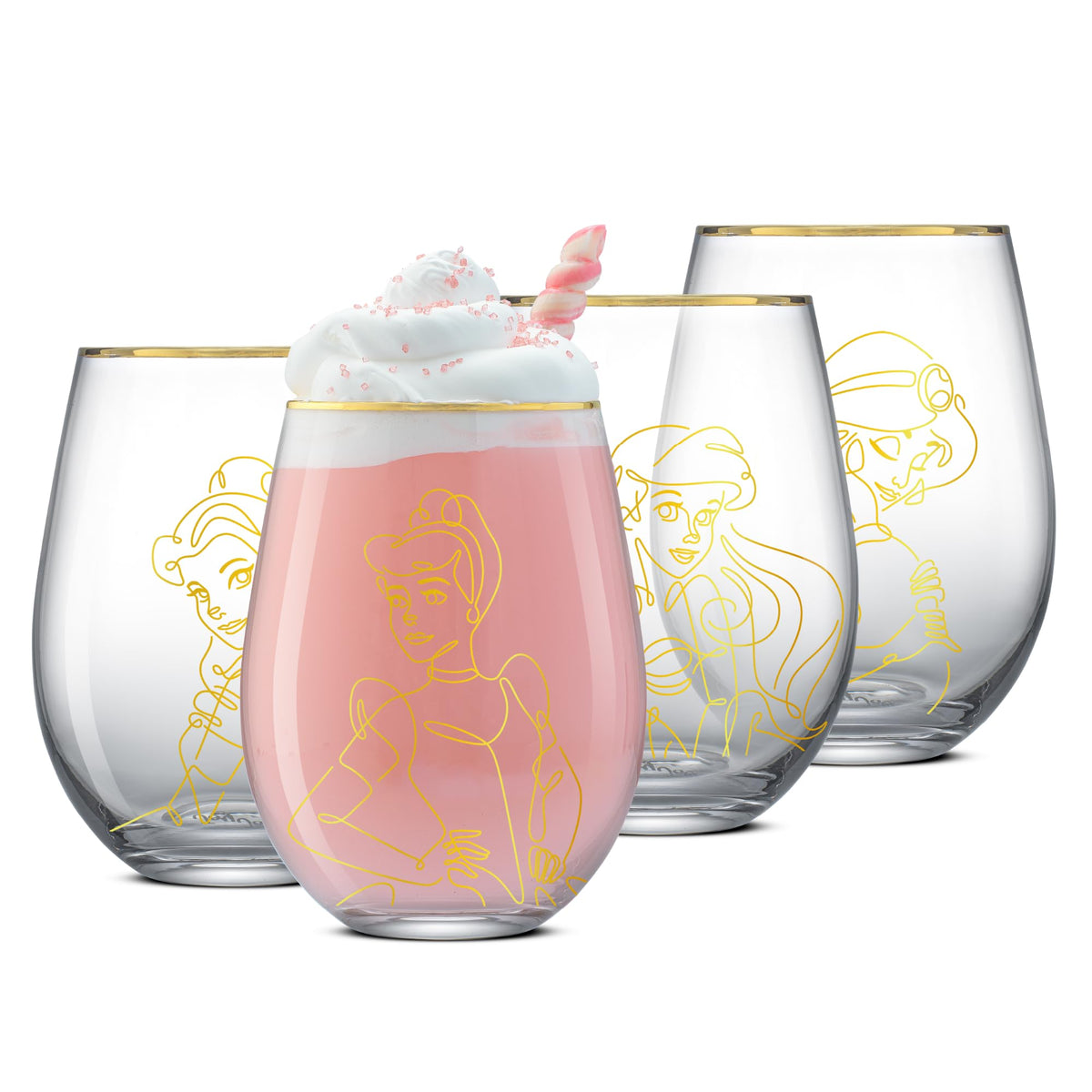 Joyjolt Disney Princess Sketch Stemless Drinking Glasses, 19Oz Glass Cups Ft Princess Jasmine Ariel Belle Cinderella, Disney Pri