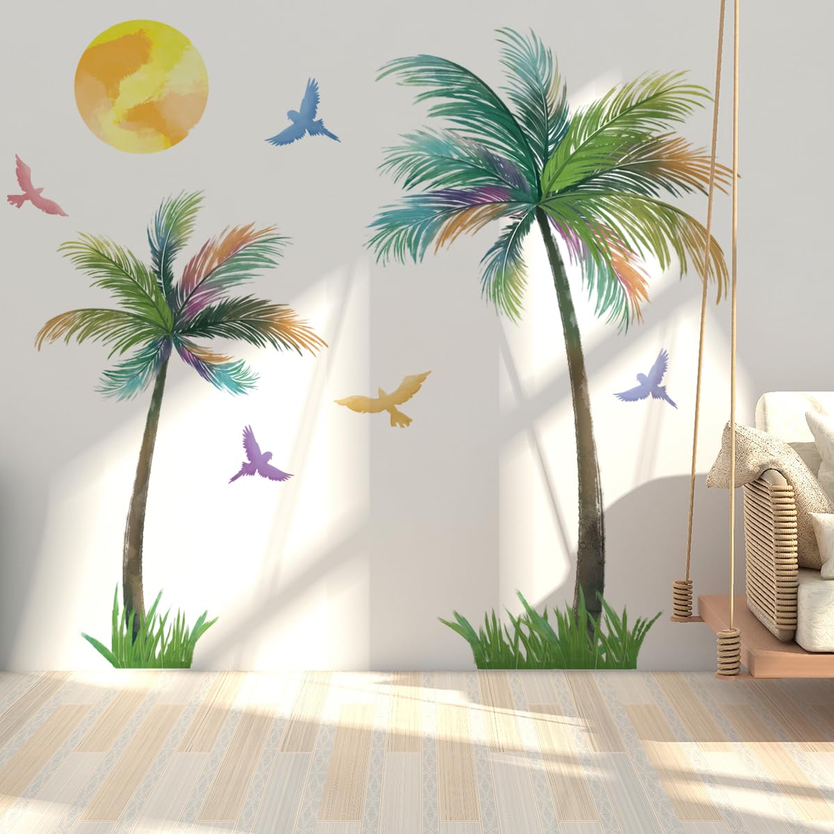 Runtoo Large Palm Tree Wall Decals Colorful Birds Tropical Plant Wall Art Stickers For Living Room Bedroom Nursery Wall Decor