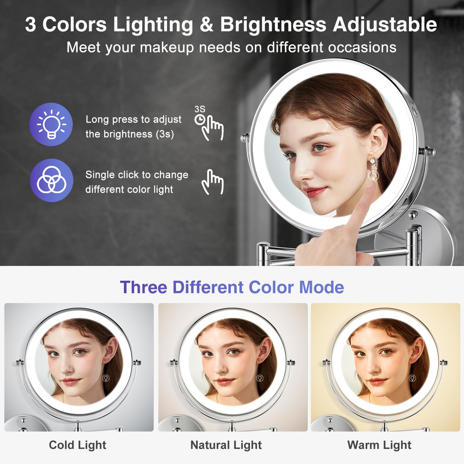 Greenfrom Wall Mounted Lighted Makeup Mirror: 8.5 Inch Double Sided Makeup Mirror With 1X/15X Magnification For Vanity, Bathroom
