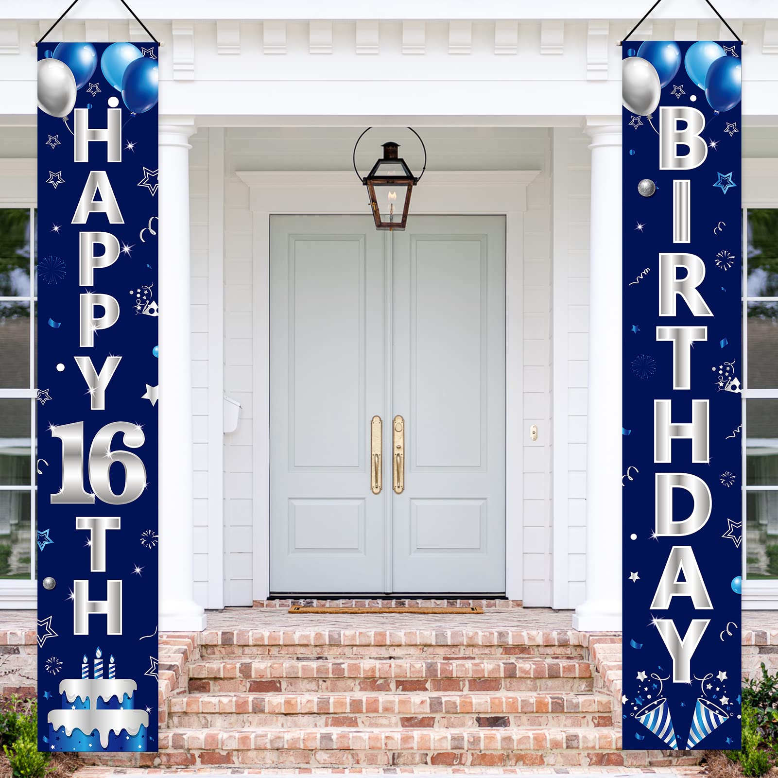 Turypaty Blue Silver 16Th Birthday Door Banner Decorations, Happy 16 Birthday Party Porch Sign Supplies For Boys, Sweet 16 Year