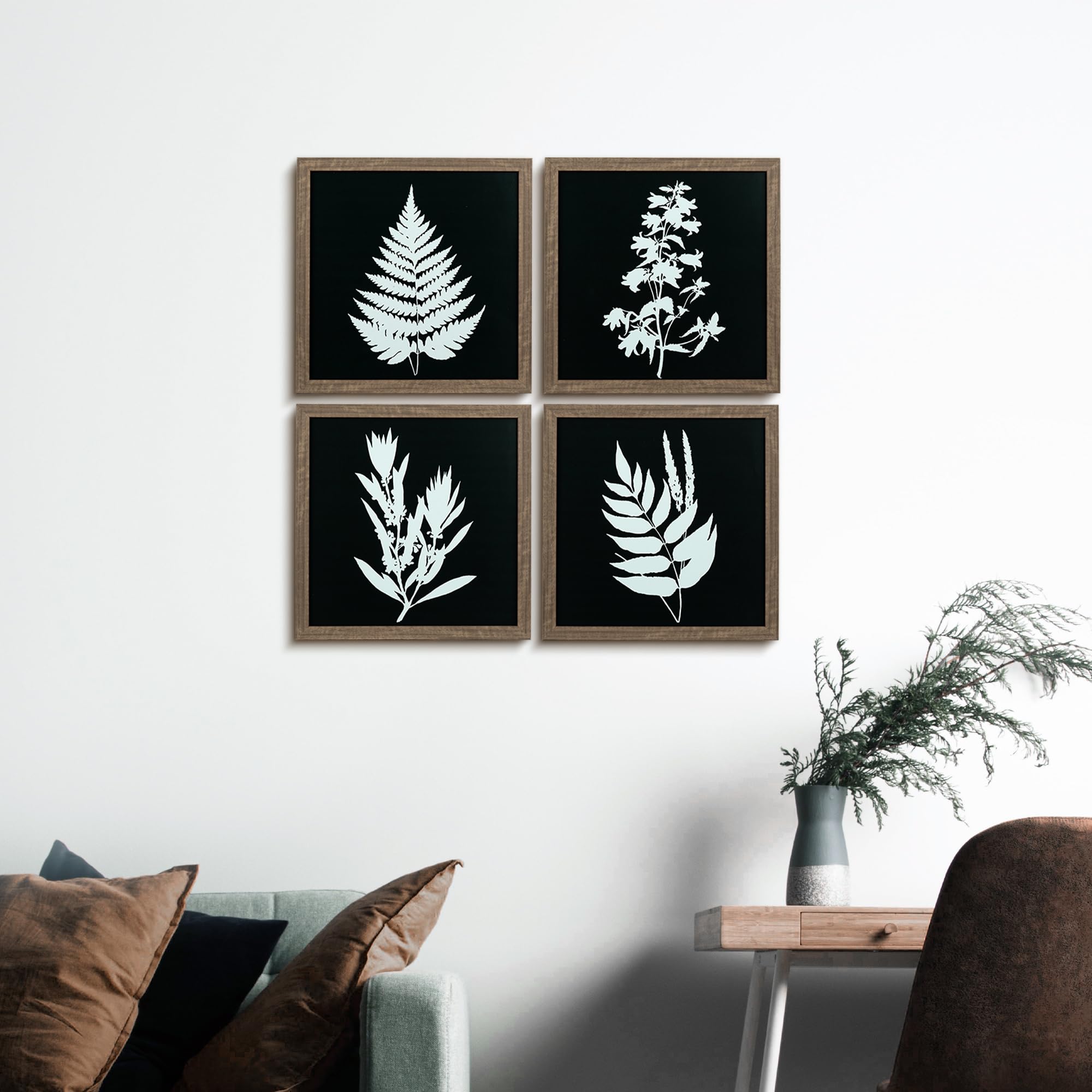 ArtbyHannah 10x10 Inches Framed Botanical Wall Art Set  Brown Square Frame Wall Decor with Vintage Leaf Plant for Bedroom Bathroom  Extra Prints Set Included  4 Pack