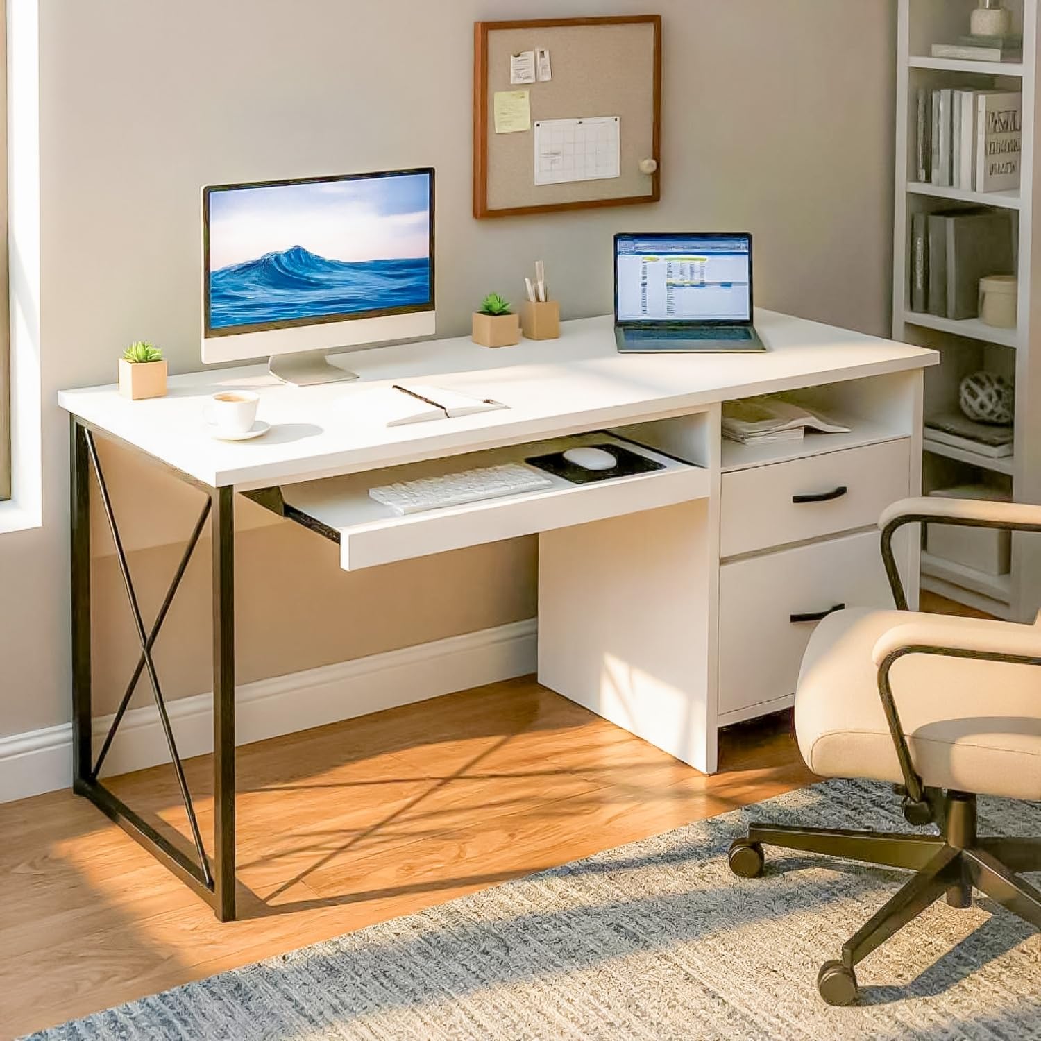 Tekavo Computer Table With Keyboard Tray & Two Storage Drawers, Computer Table For Home Pc & Office, Office Table With Storage (