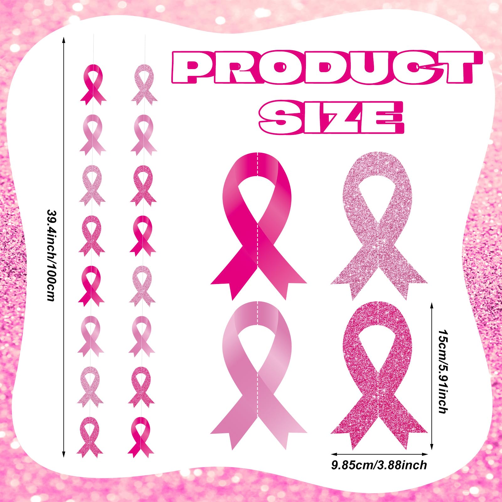 VitalCozy 24 Packs Breast Cancer Awareness Hanging Decorations Breast Cancer Party Decorations Pink Ribbon Garland for Faith Cou