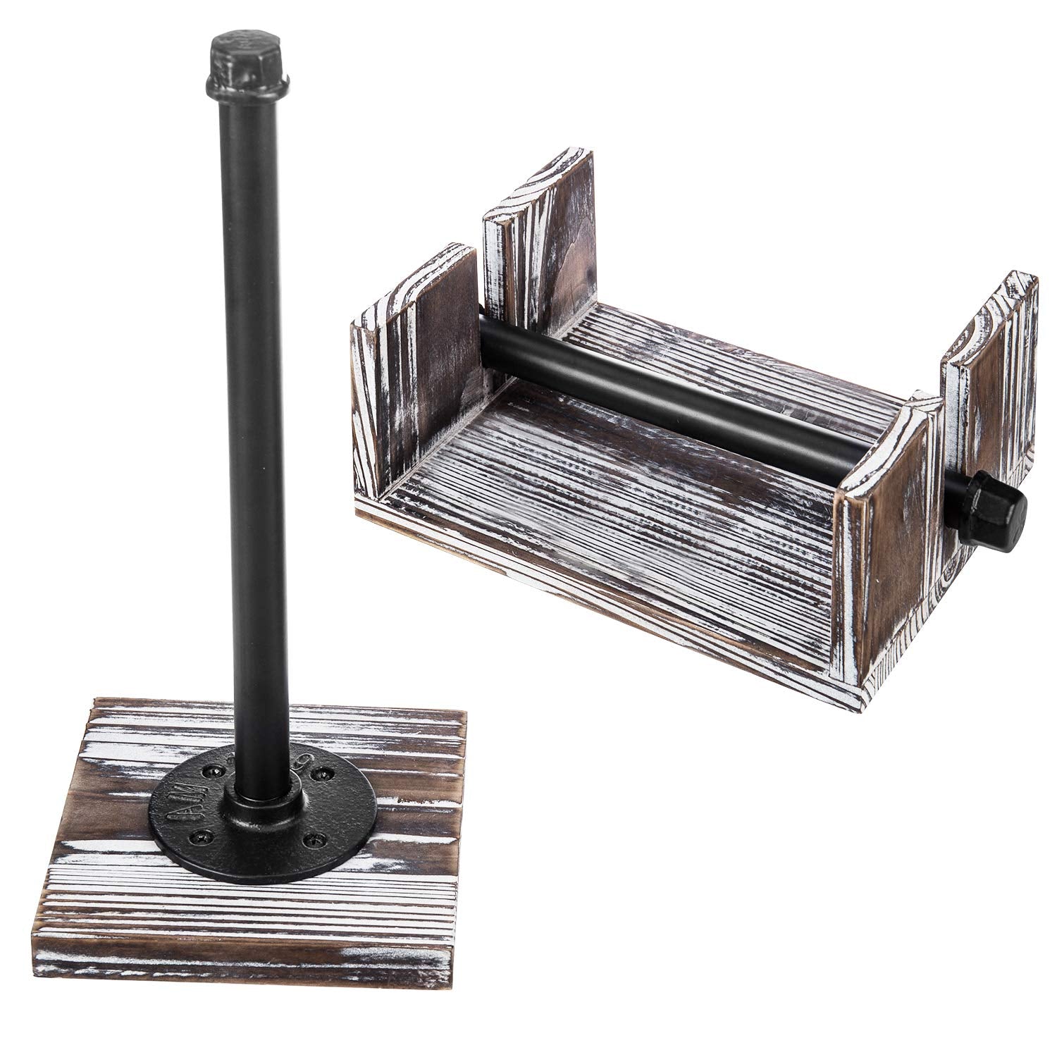 Mygift Torched Wood And Industrial Metal Paper Towel And Napkin Holder Set, Countertop Paper Towel Holder And Flat Napkin Holder