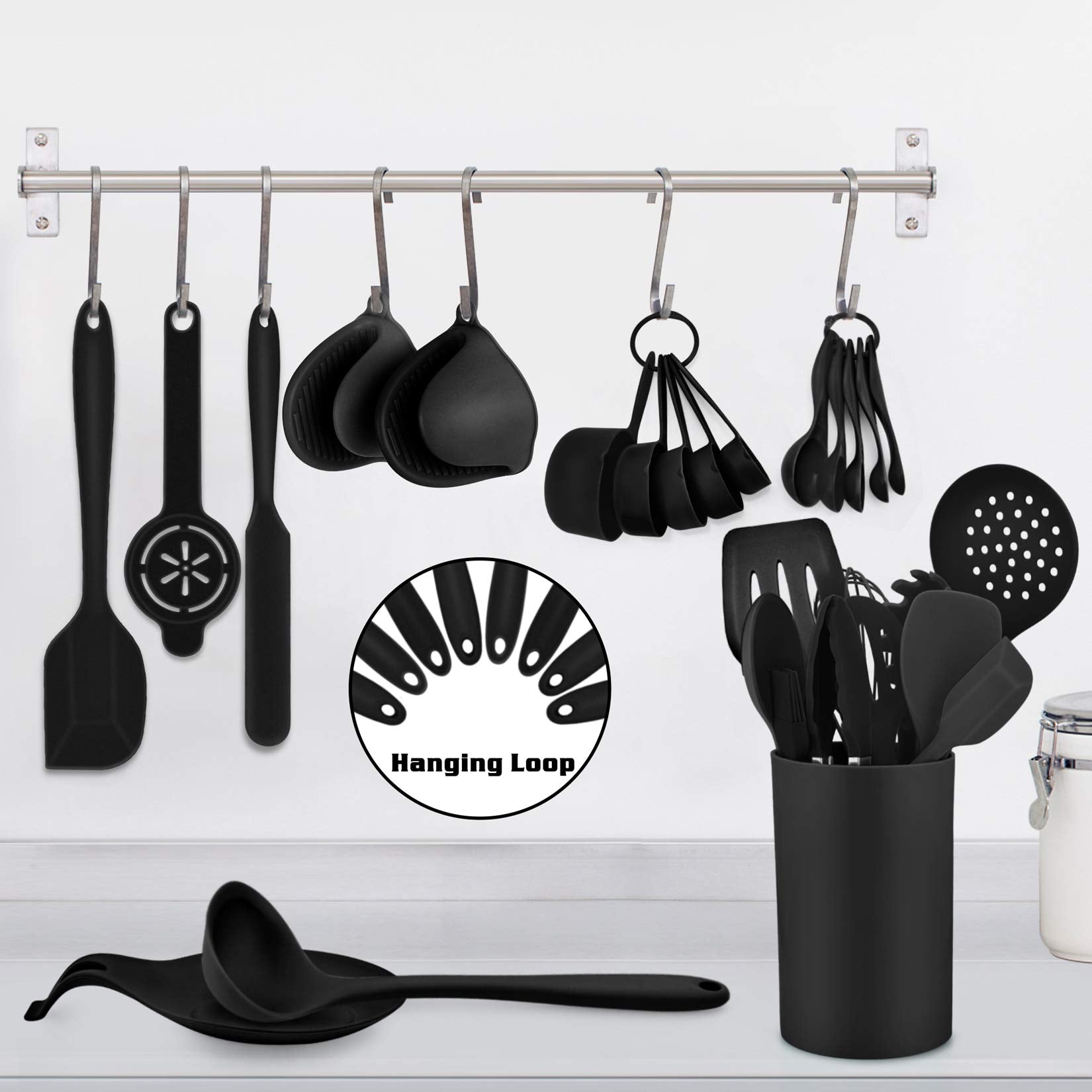 Black Kitchen Utensils Silicone Cooking Utensil Set, P&P Chef 28Pcs Baking Utensils Spatulas With Holder, Heat-Resistant & Non T